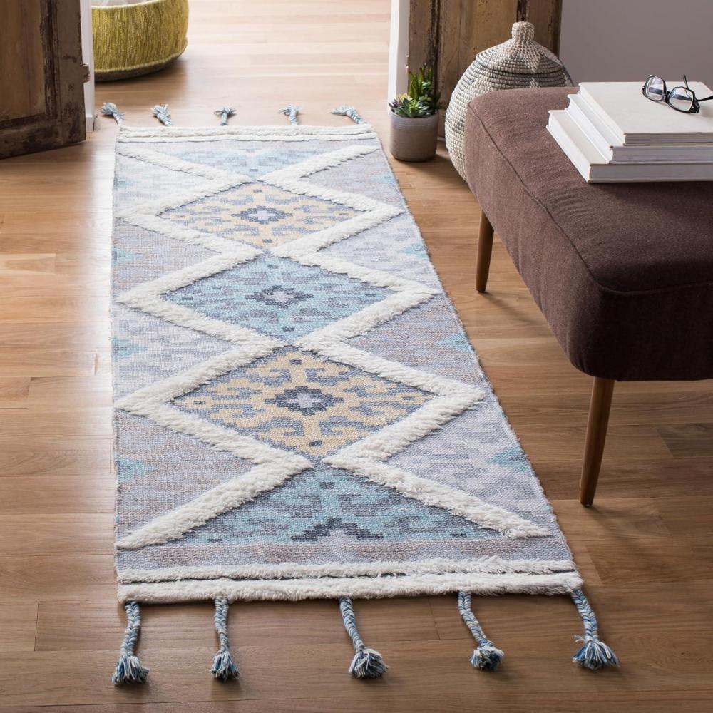 image:imageSAFAVIEH Saffron Collection 4 x 6 Ivory Turquoise SFN104A Handmade Moroccan Boho Tassel Wool Area RugIvoryTurquoise