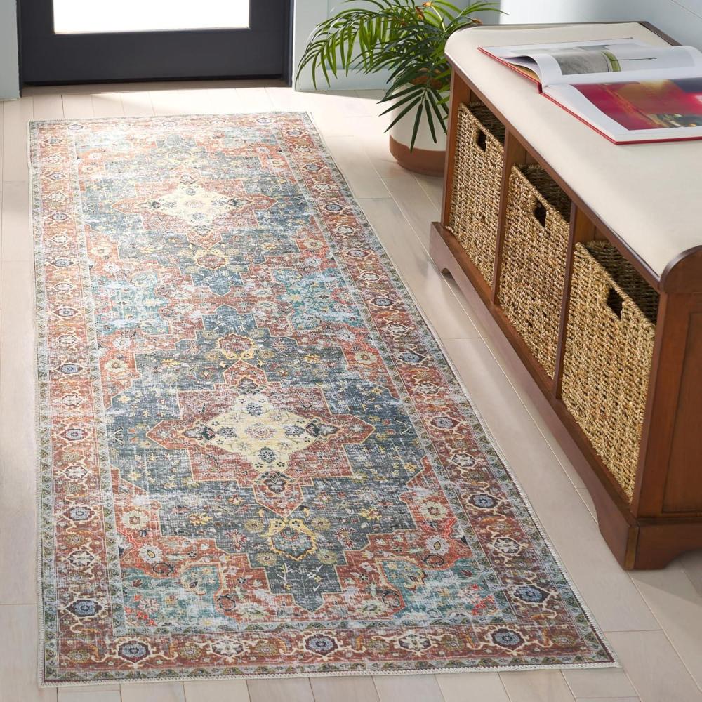 image:imageSafavieh Washable Rug Arizona Collection 8 x 10 Rust amp Aqua Slip Resistant amp Easy to Clean Ideal for Living Room Bedroom Home Office Dining Space ARZ126QRustBlue Green