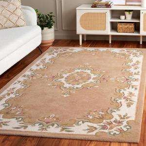 SAFAVIEH 8×10 Area Rug – Aubusson Collection – Large – Peach & Ivory, Handmade Wool, Ideal for Living Room, Bedroom, Dining Space (AUB301S)(Beige/Ivory)