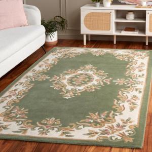 SAFAVIEH 8×10 Area Rug – Aubusson Collection – Large – Peach & Ivory, Handmade Wool, Ideal for Living Room, Bedroom, Dining Space (AUB301S)(Green/Ivory)