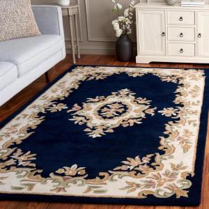 SAFAVIEH 8×10 Area Rug – Aubusson Collection – Large – Peach & Ivory, Handmade Wool, Ideal for Living Room, Bedroom, Dining Space (AUB301S)(Navy/Ivory)