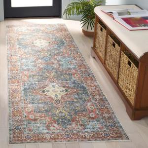 Safavieh Washable Rug Arizona Collection – 8′ x 10′, Rust & Aqua, Slip Resistant & Easy to Clean, Ideal for Living Room, Bedroom, Home Office, Dining Space (ARZ126Q)(Rust/Blue Green)