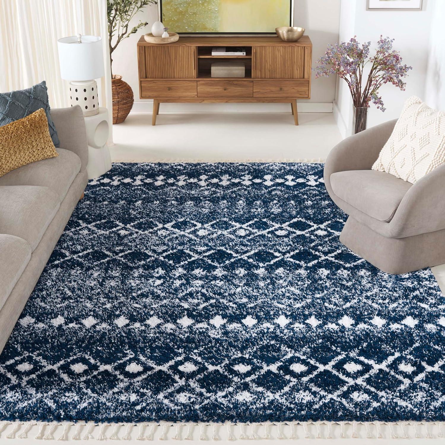 image:imageSAFAVIEH Area Rug 8x10 Berber Fringe Shag Collection Large Cream amp Dark Grey Moroccan Design NonShedding amp Easy Cleaning Thick Pile Ideal for Living Room Bedroom Dining Space BFG516ANavyIvory