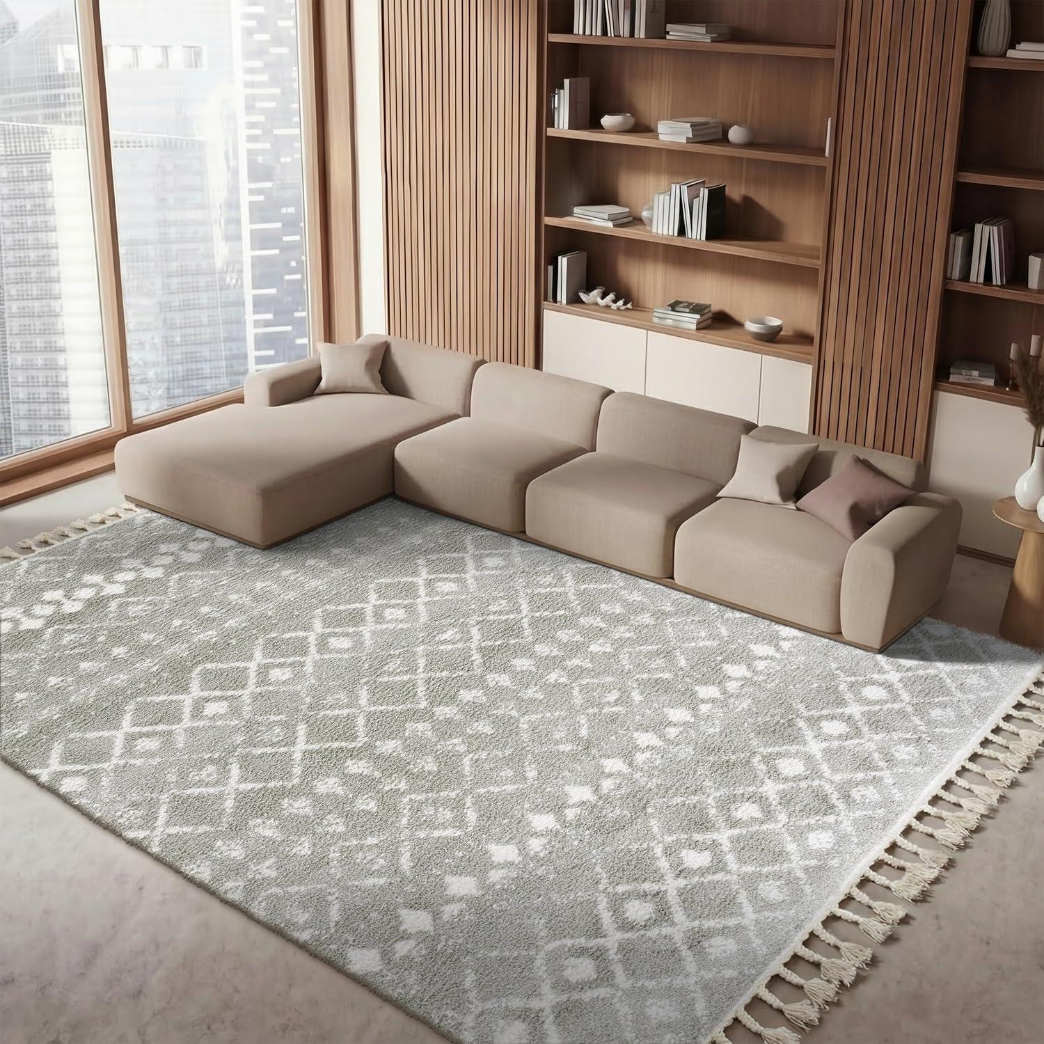 image:imageSAFAVIEH Area Rug 8x10 Berber Fringe Shag Collection Large Cream amp Dark Grey Moroccan Design NonShedding amp Easy Cleaning Thick Pile Ideal for Living Room Bedroom Dining Space BFG516ASageIvory