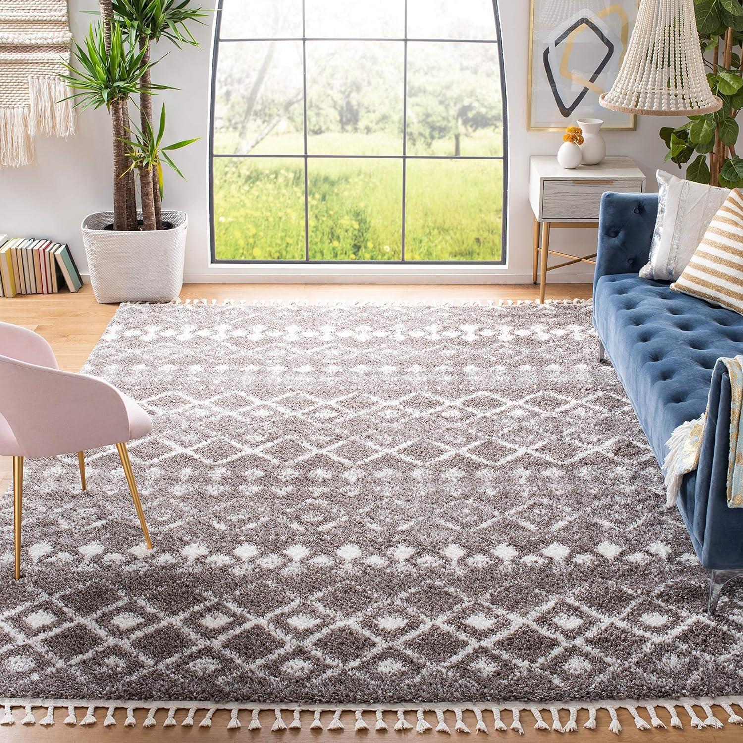 image:imageSAFAVIEH Area Rug 8x10 Berber Fringe Shag Collection Large Cream amp Dark Grey Moroccan Design NonShedding amp Easy Cleaning Thick Pile Ideal for Living Room Bedroom Dining Space BFG516ABrownIvory