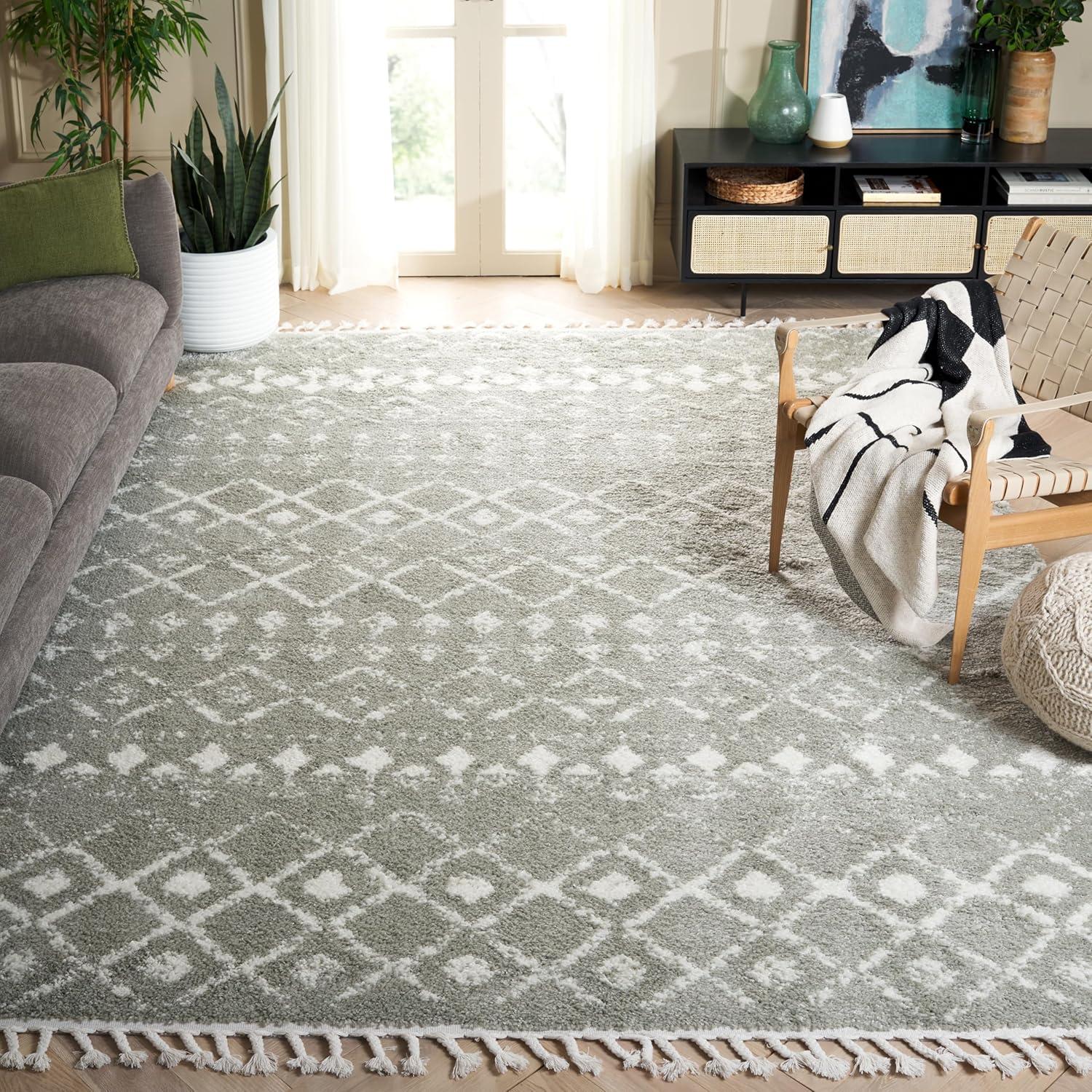 image:imageSAFAVIEH Area Rug 8x10 Berber Fringe Shag Collection Large Cream amp Dark Grey Moroccan Design NonShedding amp Easy Cleaning Thick Pile Ideal for Living Room Bedroom Dining Space BFG516ASageIvory