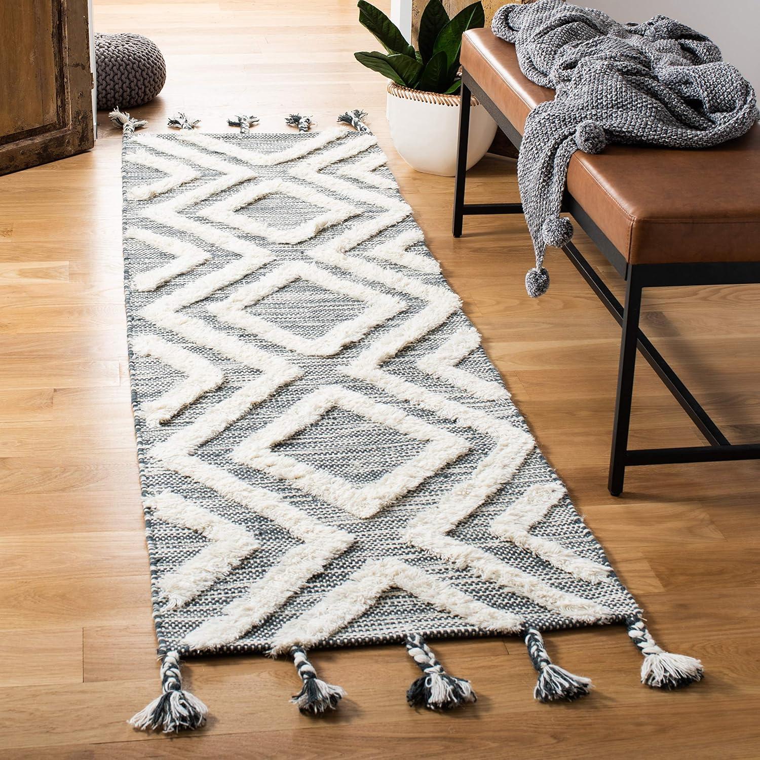 image:imageSAFAVIEH Area Rug 8x10 Kenya Collection Large Black amp Ivory Handmade Wool Moroccan Tassel Design Ideal for Living Room Bedroom Dining Space KNY331ZTealIvory