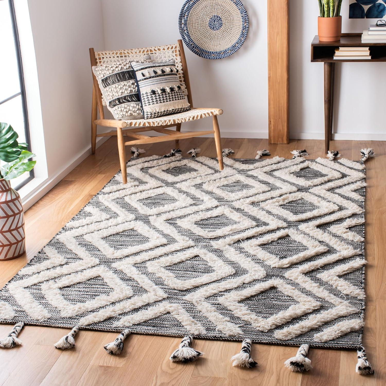 image:imageSAFAVIEH Area Rug 8x10 Kenya Collection Large Black amp Ivory Handmade Wool Moroccan Tassel Design Ideal for Living Room Bedroom Dining Space KNY331ZBlackIvory