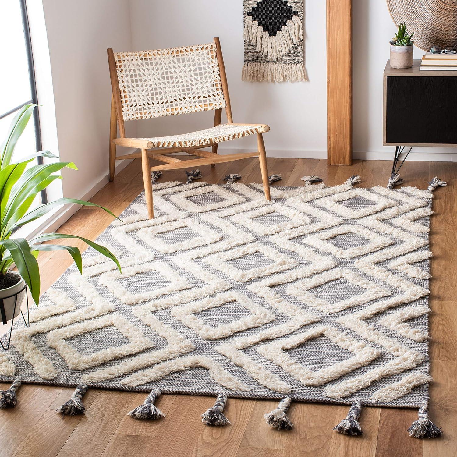 image:imageSAFAVIEH Area Rug 8x10 Kenya Collection Large Black amp Ivory Handmade Wool Moroccan Tassel Design Ideal for Living Room Bedroom Dining Space KNY331ZGreyIvory