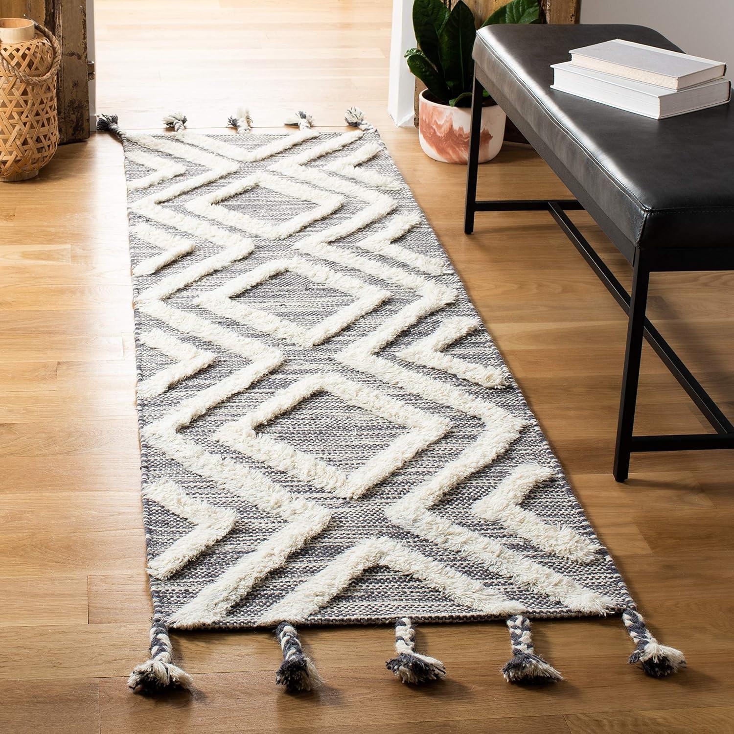 image:imageSAFAVIEH Area Rug 8x10 Kenya Collection Large Black amp Ivory Handmade Wool Moroccan Tassel Design Ideal for Living Room Bedroom Dining Space KNY331ZGreyIvory