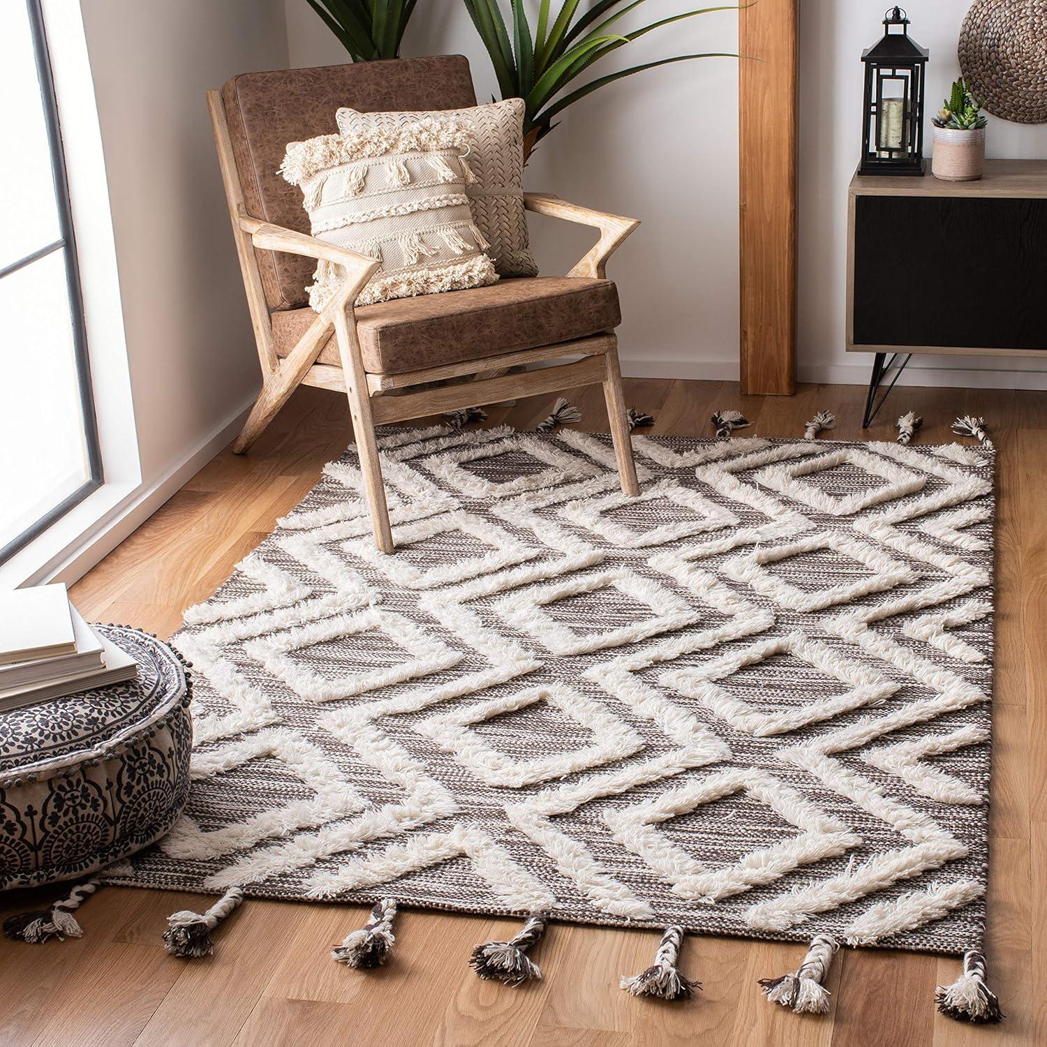 image:imageSAFAVIEH Area Rug 8x10 Kenya Collection Large Black amp Ivory Handmade Wool Moroccan Tassel Design Ideal for Living Room Bedroom Dining Space KNY331ZBrownIvory