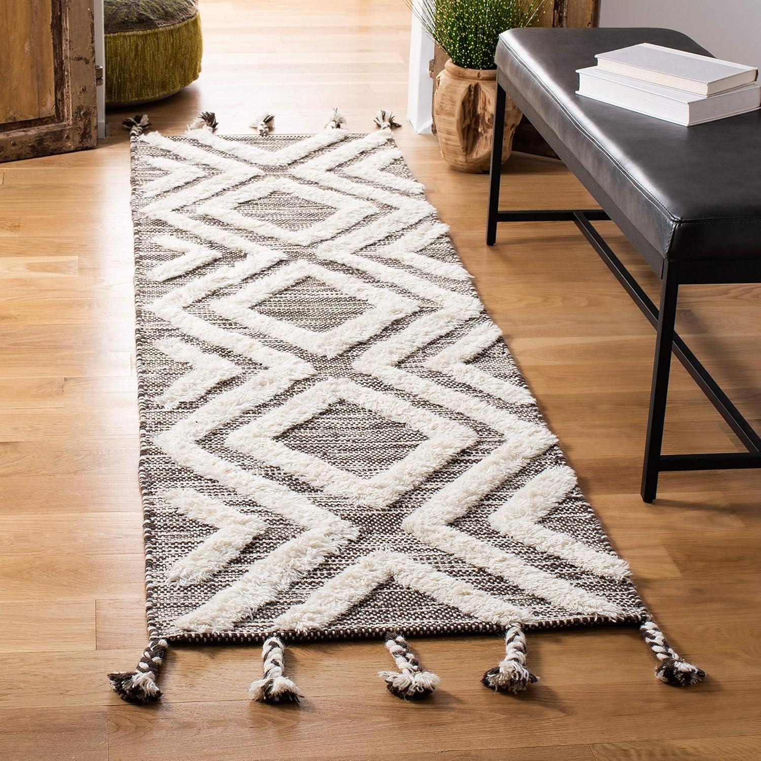 image:imageSAFAVIEH Area Rug 8x10 Kenya Collection Large Black amp Ivory Handmade Wool Moroccan Tassel Design Ideal for Living Room Bedroom Dining Space KNY331ZBrownIvory