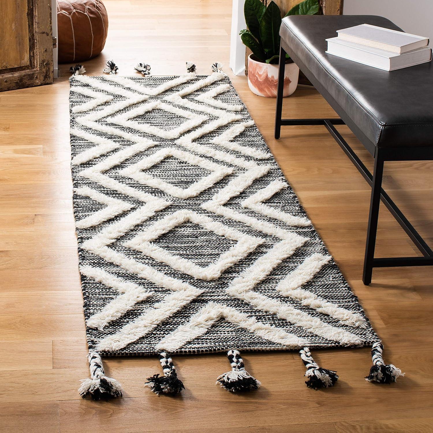image:imageSAFAVIEH Area Rug 8x10 Kenya Collection Large Black amp Ivory Handmade Wool Moroccan Tassel Design Ideal for Living Room Bedroom Dining Space KNY331ZBlackIvory