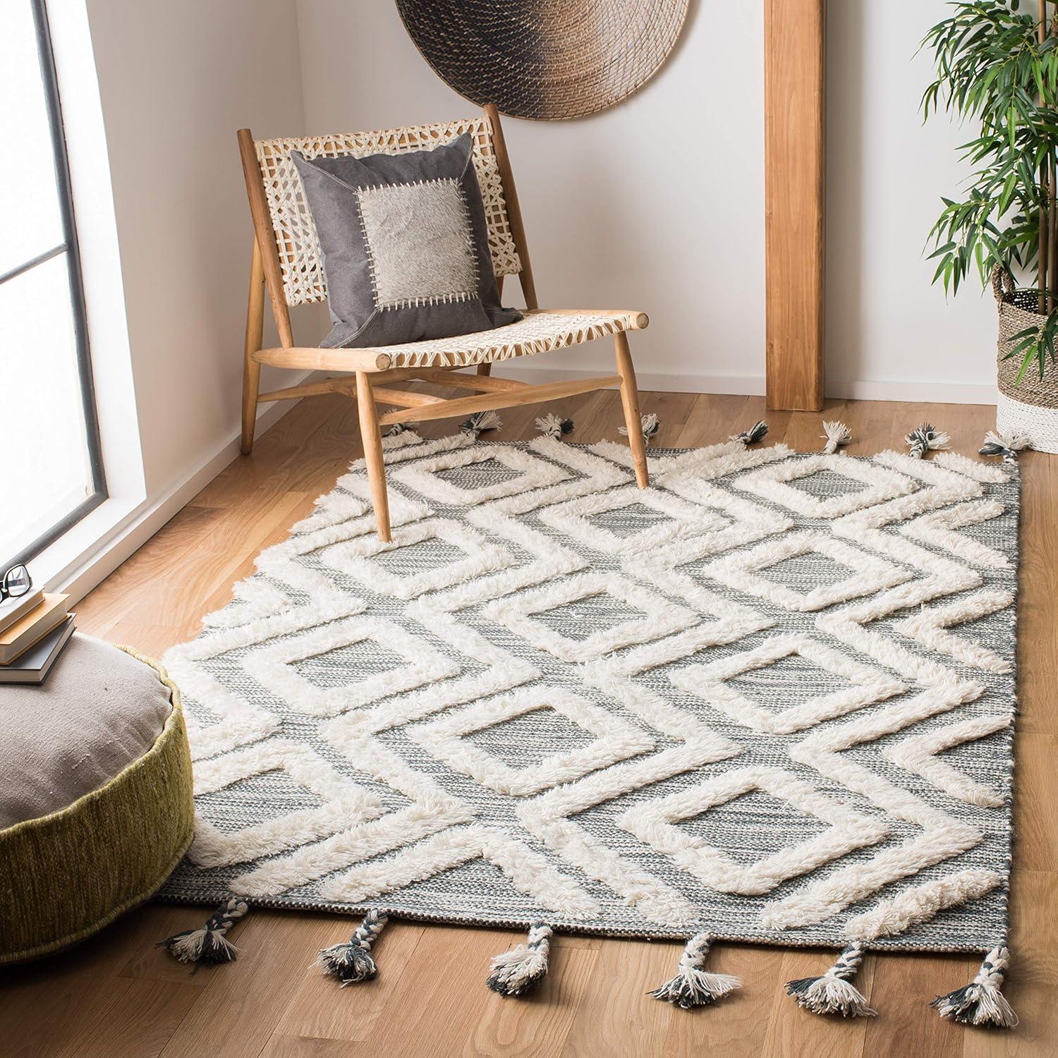 image:imageSAFAVIEH Area Rug 8x10 Kenya Collection Large Black amp Ivory Handmade Wool Moroccan Tassel Design Ideal for Living Room Bedroom Dining Space KNY331ZTealIvory