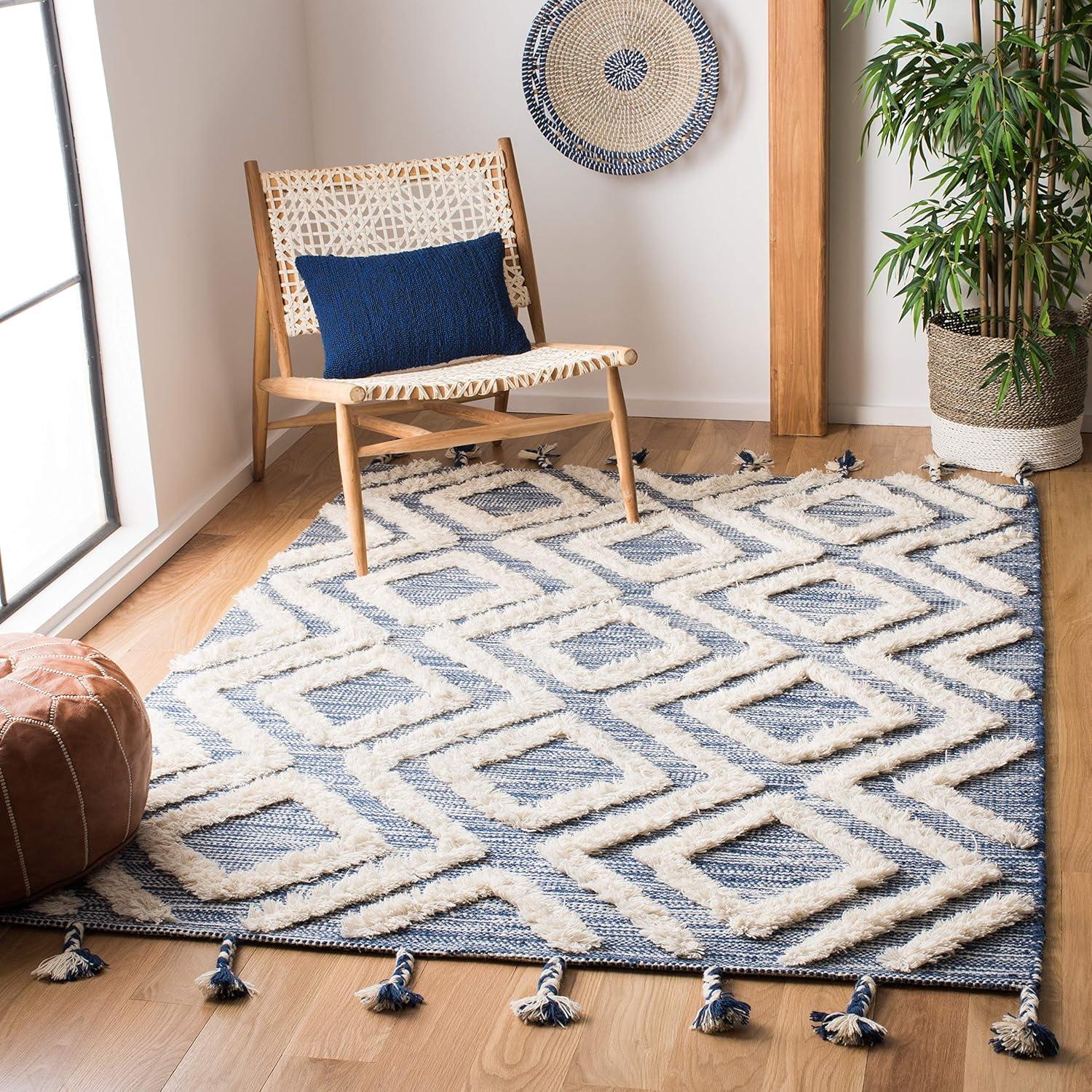 image:imageSAFAVIEH Area Rug 8x10 Kenya Collection Large Black amp Ivory Handmade Wool Moroccan Tassel Design Ideal for Living Room Bedroom Dining Space KNY331ZNavyIvory