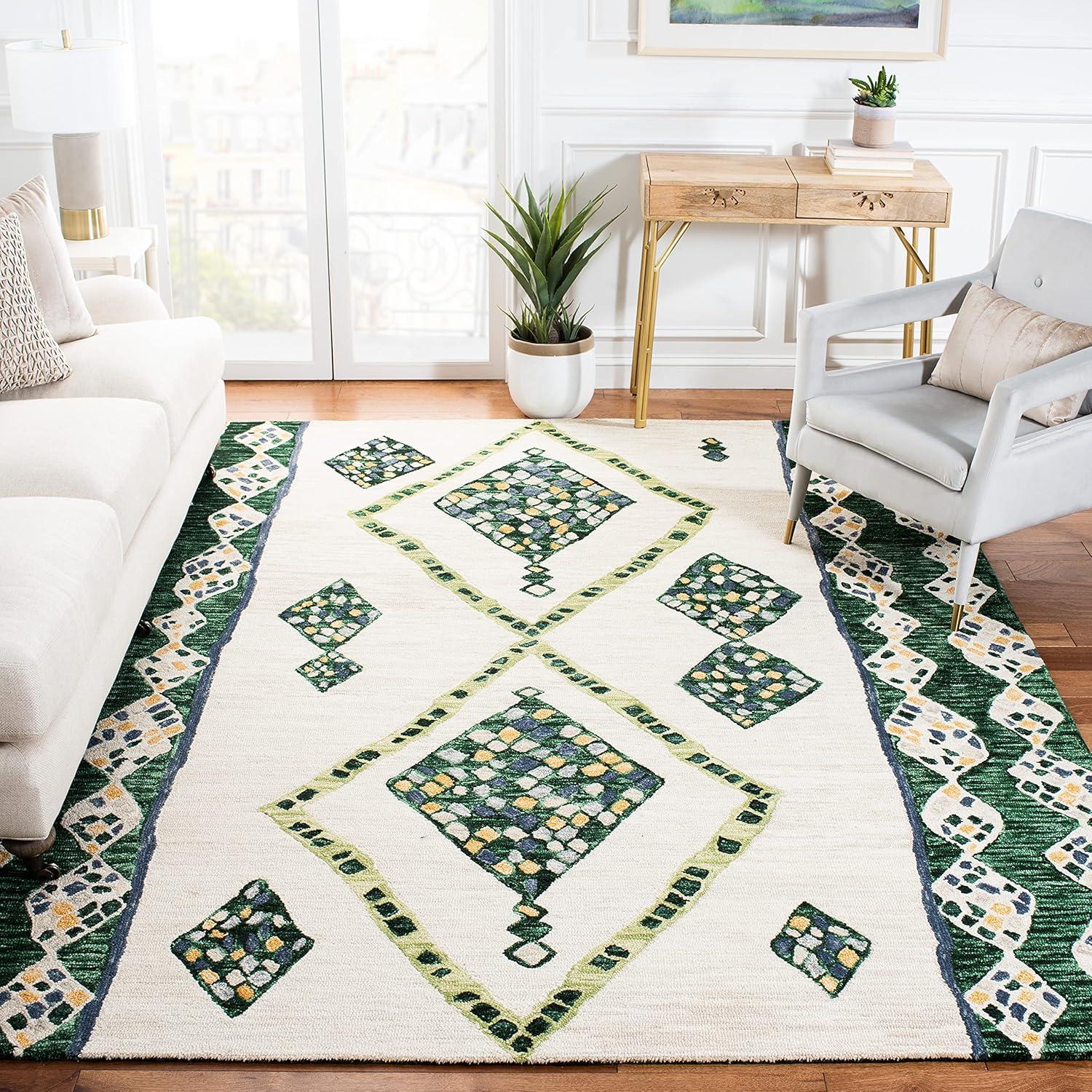 image:imageSAFAVIEH Aspen Collection Accent Rug 4 x 6 Green amp Ivory Handmade Moroccan Boho Tribal Wool Ideal for High Traffic Areas in Entryway Living Room Bedroom APN702YGreenIvory