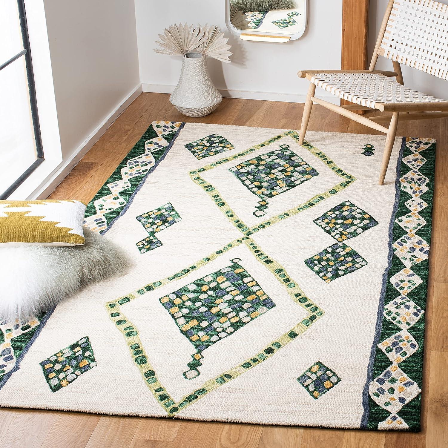 image:imageSAFAVIEH Aspen Collection Accent Rug 4 x 6 Green amp Ivory Handmade Moroccan Boho Tribal Wool Ideal for High Traffic Areas in Entryway Living Room Bedroom APN702YGreenIvory