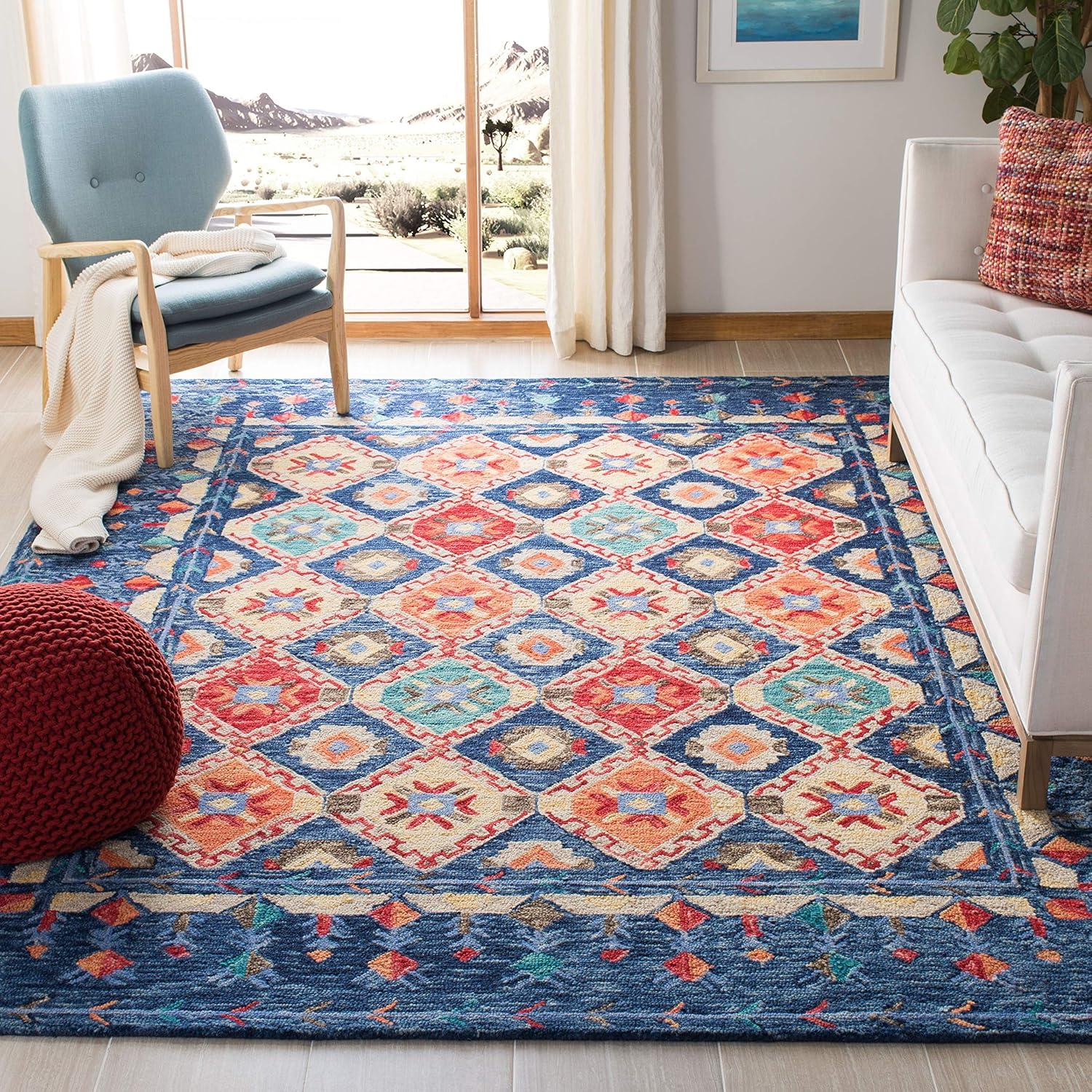image:imageSAFAVIEH Aspen Collection Area Rug 10 x 14 Navy amp Orange Handmade Boho Wool Ideal for High Traffic Areas in Living Room Bedroom APN515NNavyOrange