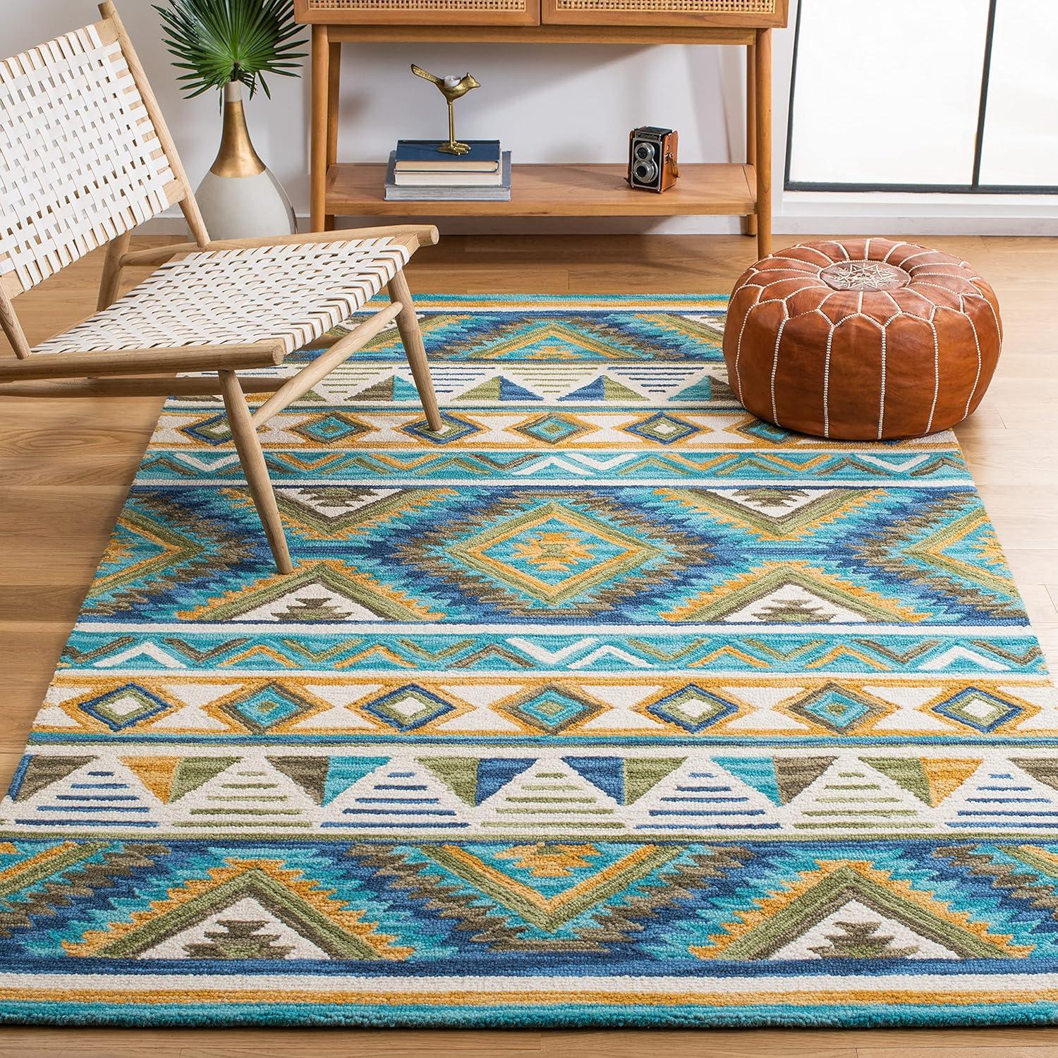 image:imageSAFAVIEH Aspen Collection Area Rug 5 x 8 Blue amp Yellow Handmade Boho Wool Ideal for High Traffic Areas in Living Room Bedroom APN352MBlueYellow
