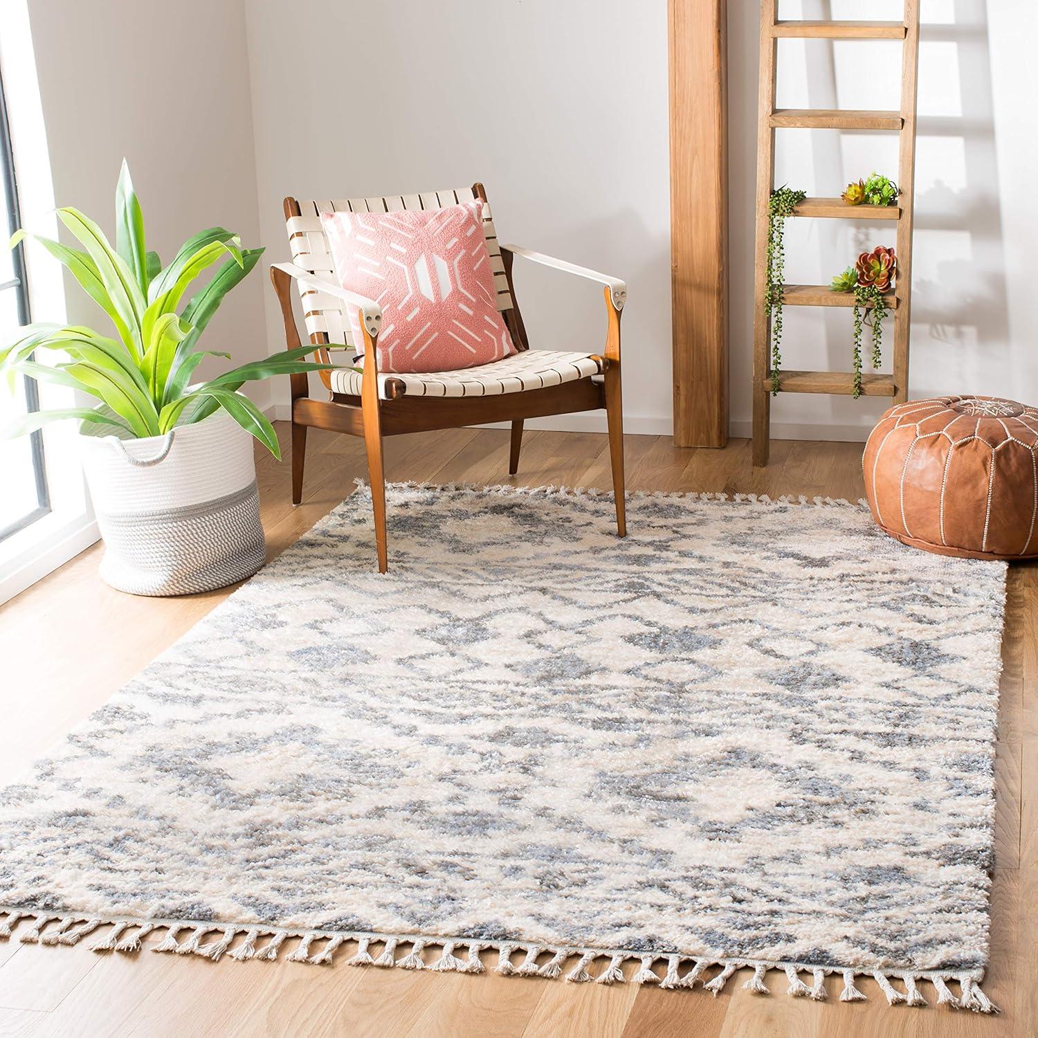 image:imageSAFAVIEH Berber Fringe Shag Collection Area Rug 53 x 76 Cream amp Navy Moroccan Design NonShedding amp Easy Care 12inch Thick Ideal for High Traffic Areas in Living Room Bedroom BFG606ACreamNavy