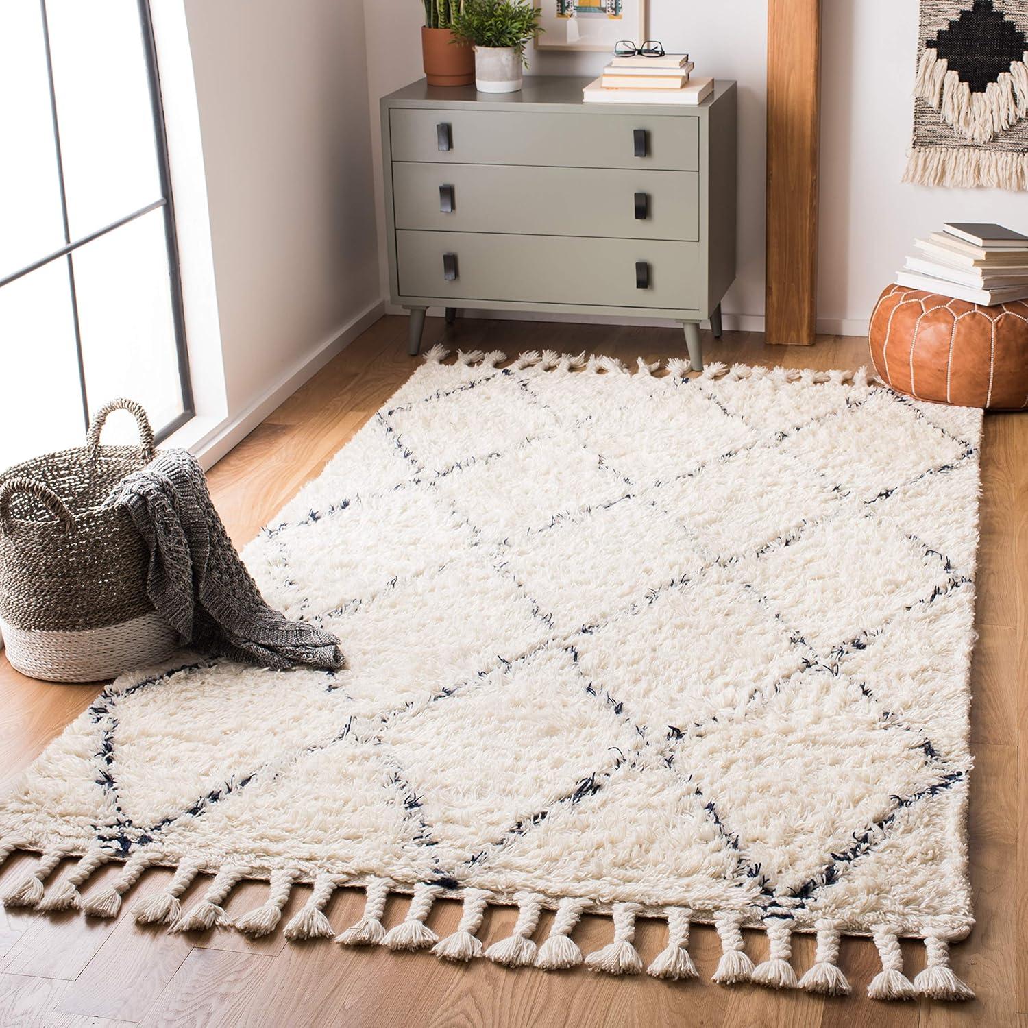 image:imageSAFAVIEH Casablanca Collection Accent Rug 4 x 6 Grey amp Ivory Handmade Moroccan Boho Wool 14inch Thick Ideal for High Traffic Areas in Entryway Living Room Bedroom CSB951FNavyIvory