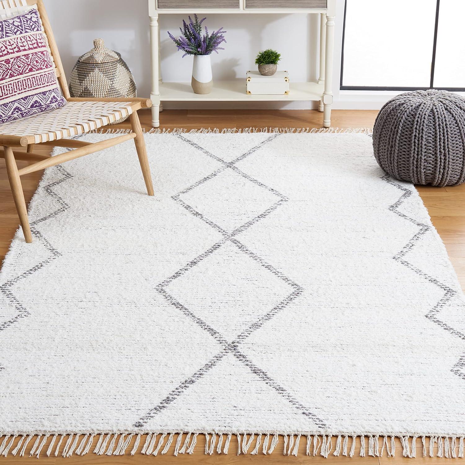 image:imageSAFAVIEH Casablanca Collection Accent Rug 4 x 6 Ivory amp Grey Handmade Moroccan Boho Cotton Fringe Ideal for High Traffic Areas in Entryway Living Room Bedroom CSB464AIvoryGrey