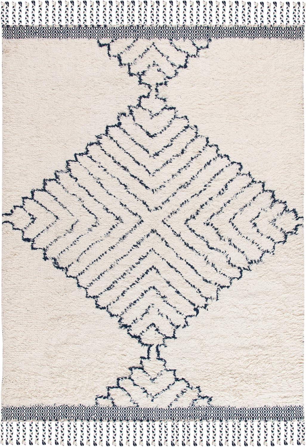 image:imageSAFAVIEH Casablanca Collection Accent Rug 4 x 6 Ivory amp Navy Handmade Moroccan Medallion Tassel Wool 12inch Thick Ideal for High Traffic Areas in Entryway Living Room Bedroom CSB251AIvoryNavy