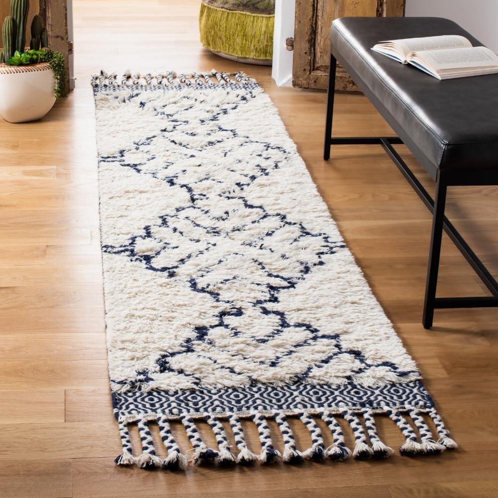 image:imageSAFAVIEH Casablanca Collection Accent Rug 4 x 6 Ivory amp Navy Handmade Moroccan Medallion Tassel Wool 12inch Thick Ideal for High Traffic Areas in Entryway Living Room Bedroom CSB251AIvoryNavy