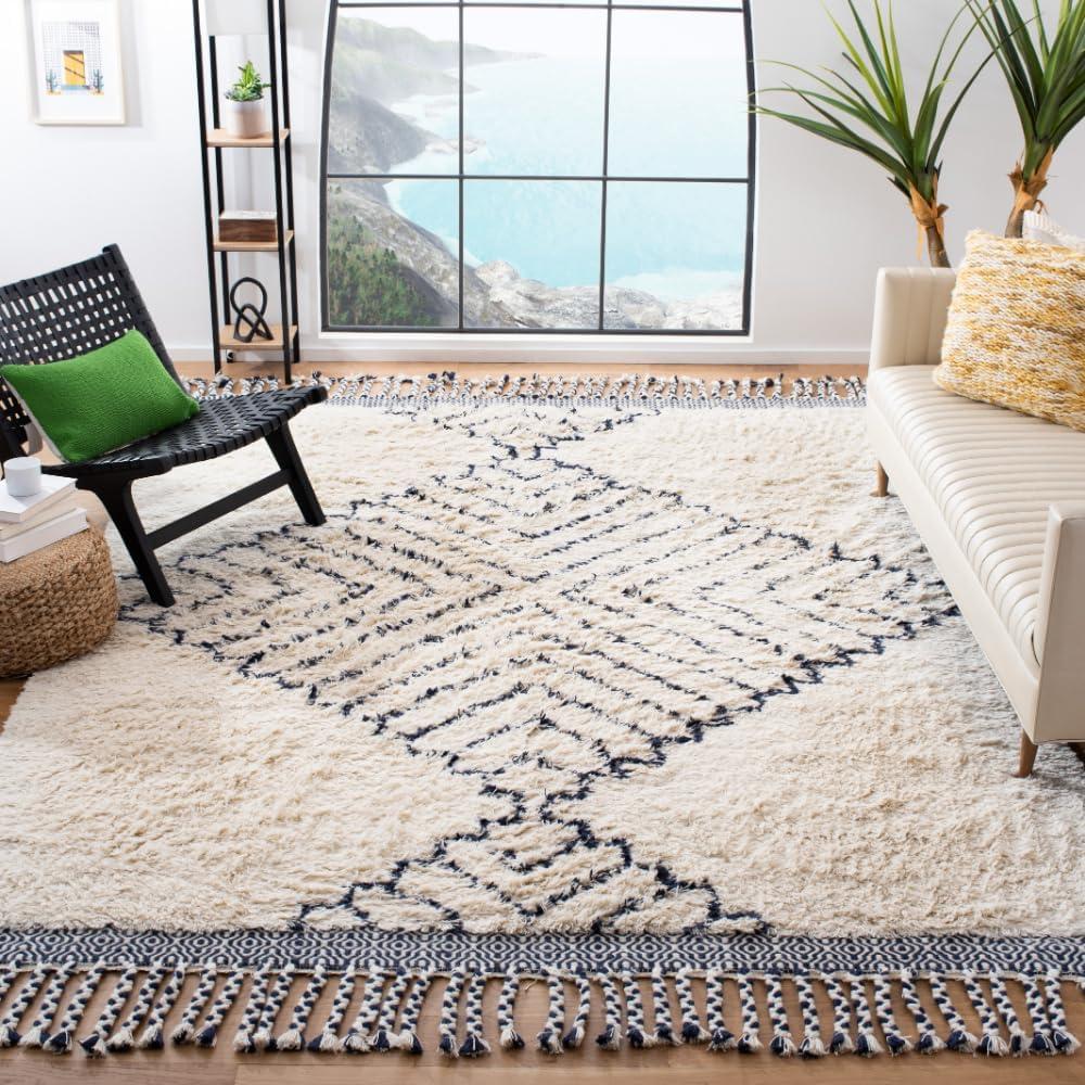 image:imageSAFAVIEH Casablanca Collection Accent Rug 4 x 6 Ivory amp Navy Handmade Moroccan Medallion Tassel Wool 12inch Thick Ideal for High Traffic Areas in Entryway Living Room Bedroom CSB251AIvoryNavy