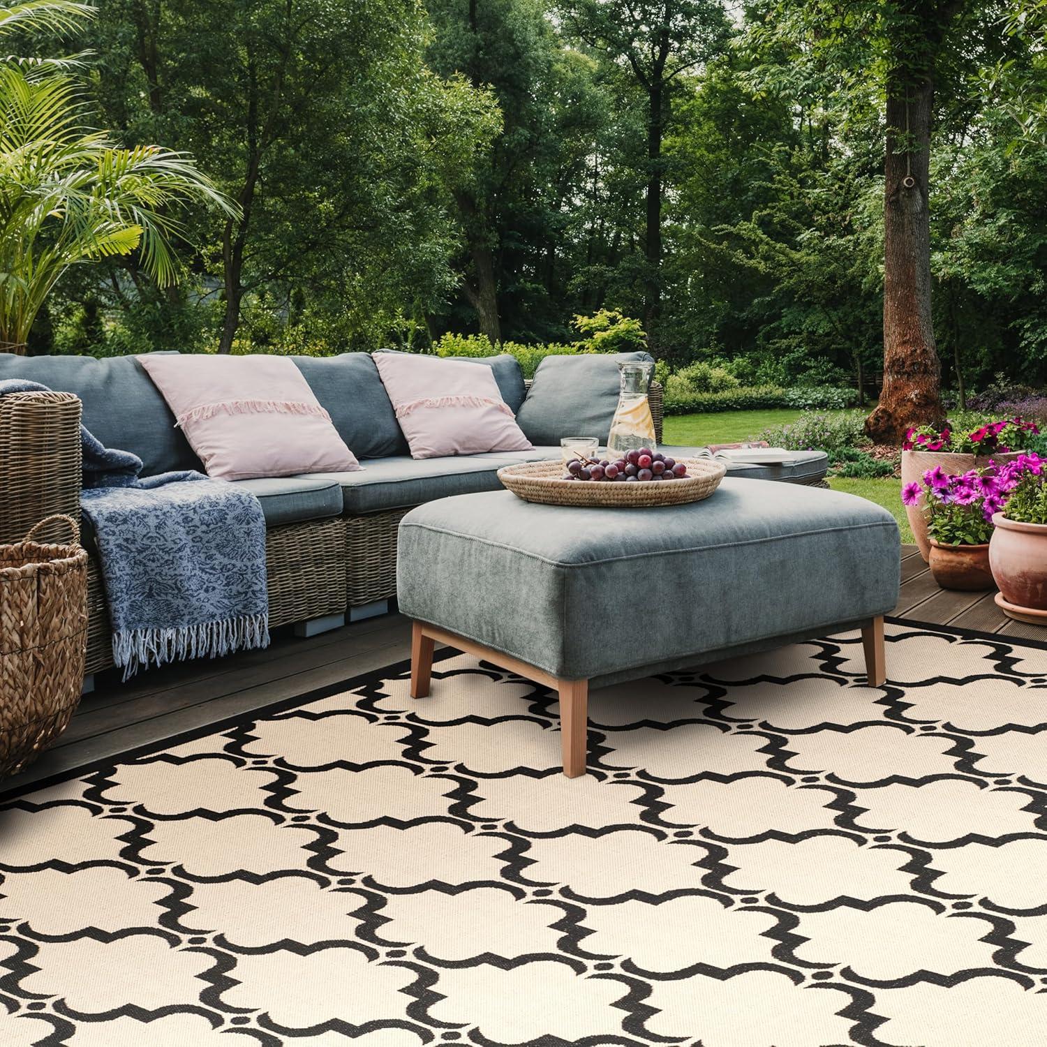 image:imageSAFAVIEH Courtyard Collection 8 x 11 NavyBeige CY6009 Trellis Indoor Outdoor Waterproof EasyCleaning Patio Backyard Mudroom AreaRugBeigeBlack