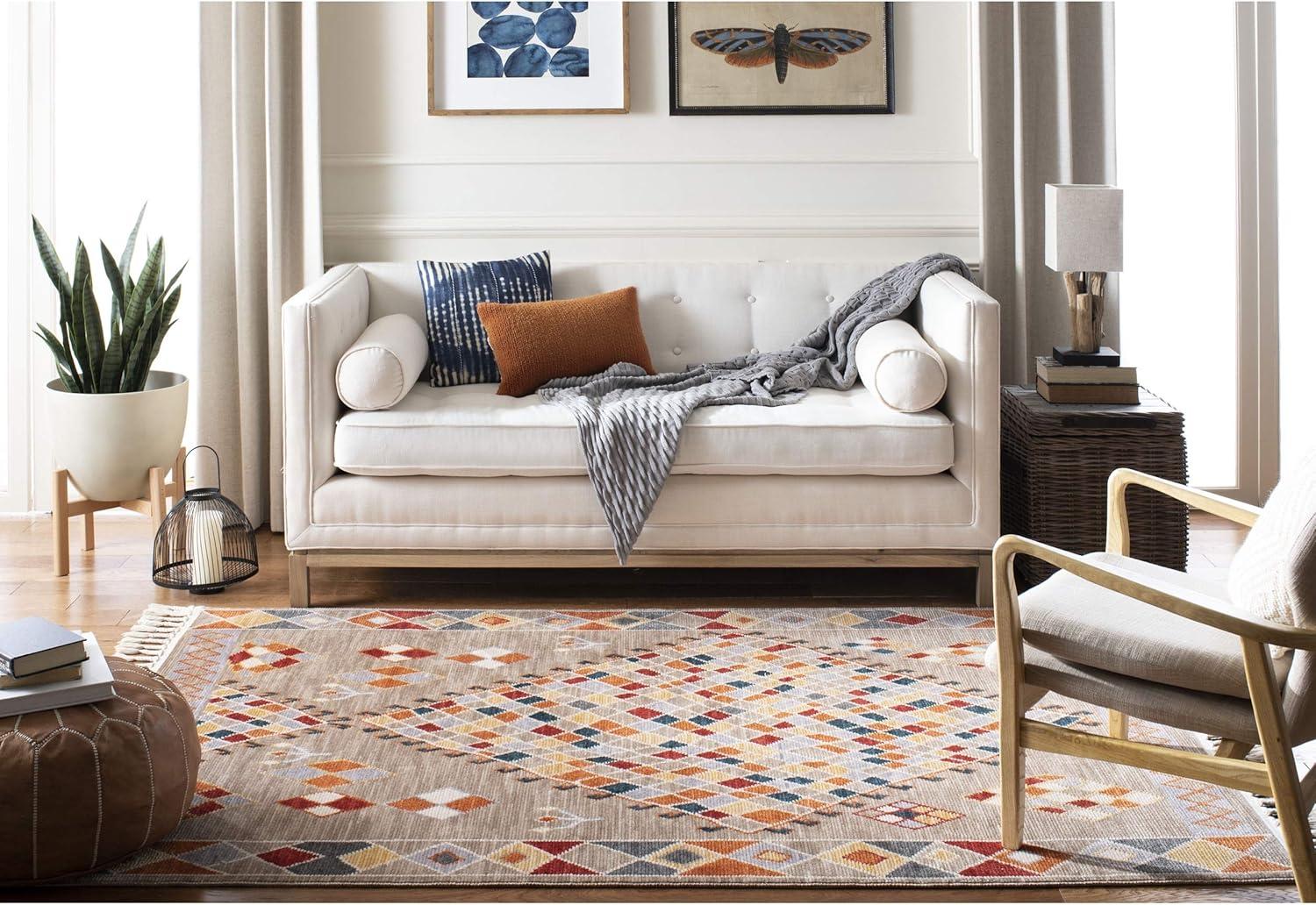 image:imageSAFAVIEH Farmhouse Collection 51 x 73 Taupe Navy FMH852E Boho Moroccan Tribal Tassel Area RugTaupeNavy