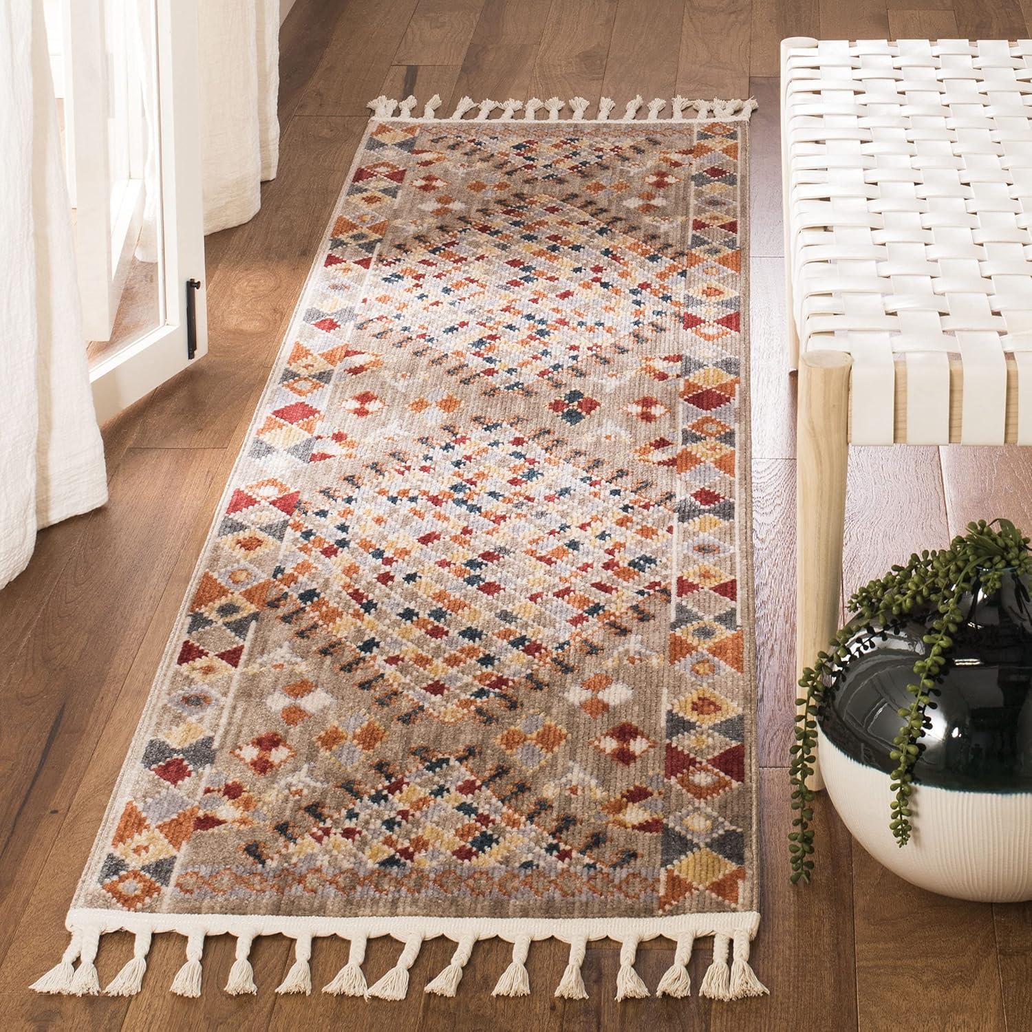 image:imageSAFAVIEH Farmhouse Collection 51 x 73 Taupe Navy FMH852E Boho Moroccan Tribal Tassel Area RugTaupeNavy