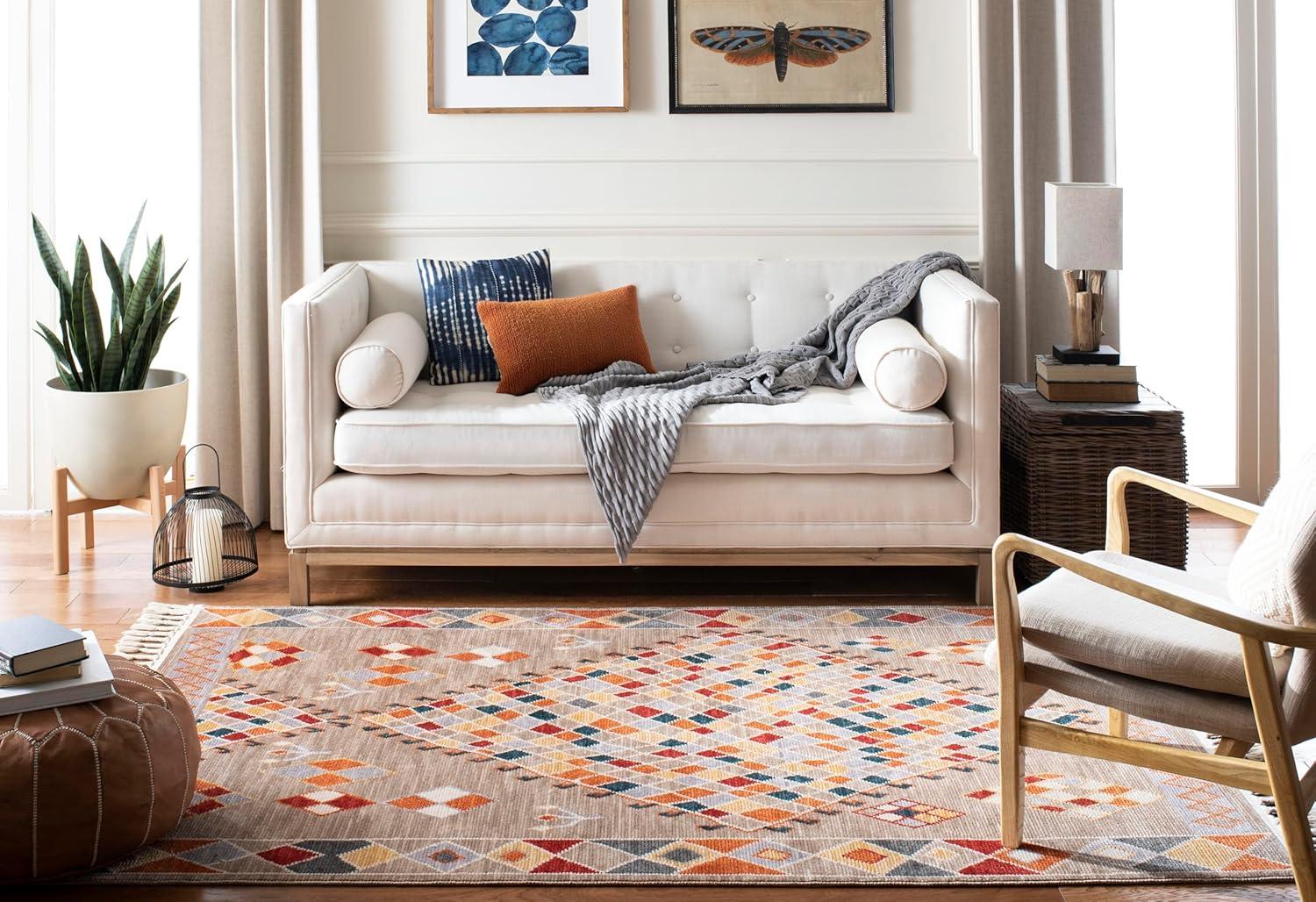 image:imageSAFAVIEH Farmhouse Collection 51 x 73 Taupe Navy FMH852E Boho Moroccan Tribal Tassel Area RugTaupeNavy