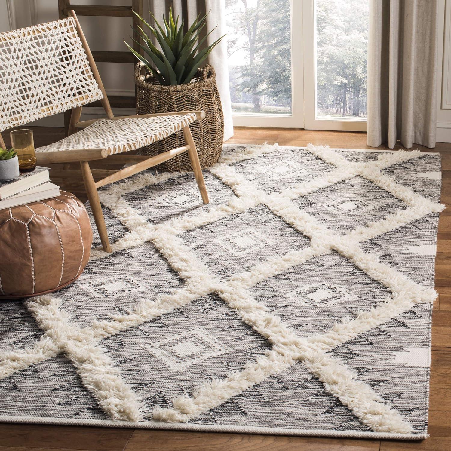 image:imageSAFAVIEH Kenya Collection Area Rug 6 x 9 Silver amp Ivory Handmade Moroccan Boho Tribal Wool Ideal for High Traffic Areas in Living Room Bedroom KNY455GBlackIvory