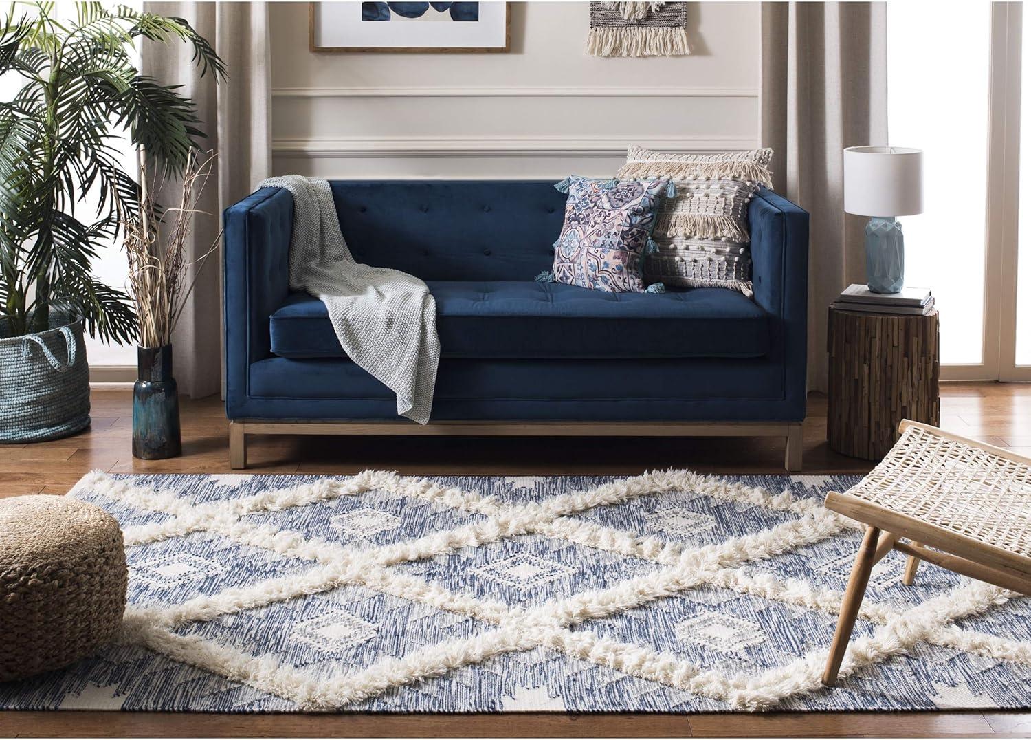 image:imageSAFAVIEH Kenya Collection Area Rug 6 x 9 Silver amp Ivory Handmade Moroccan Boho Tribal Wool Ideal for High Traffic Areas in Living Room Bedroom KNY455GBlueIvory