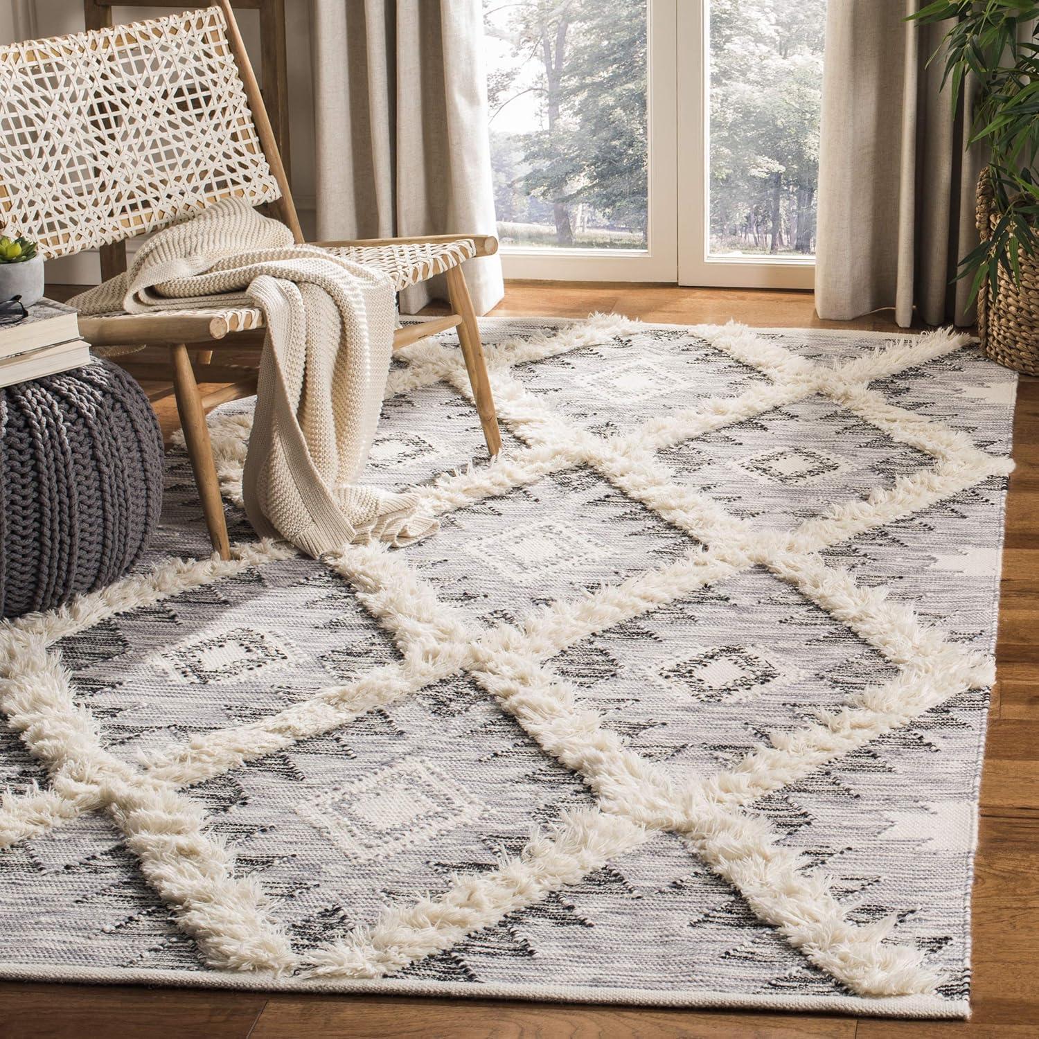 image:imageSAFAVIEH Kenya Collection Area Rug 6 x 9 Silver amp Ivory Handmade Moroccan Boho Tribal Wool Ideal for High Traffic Areas in Living Room Bedroom KNY455GCharcoalIvory