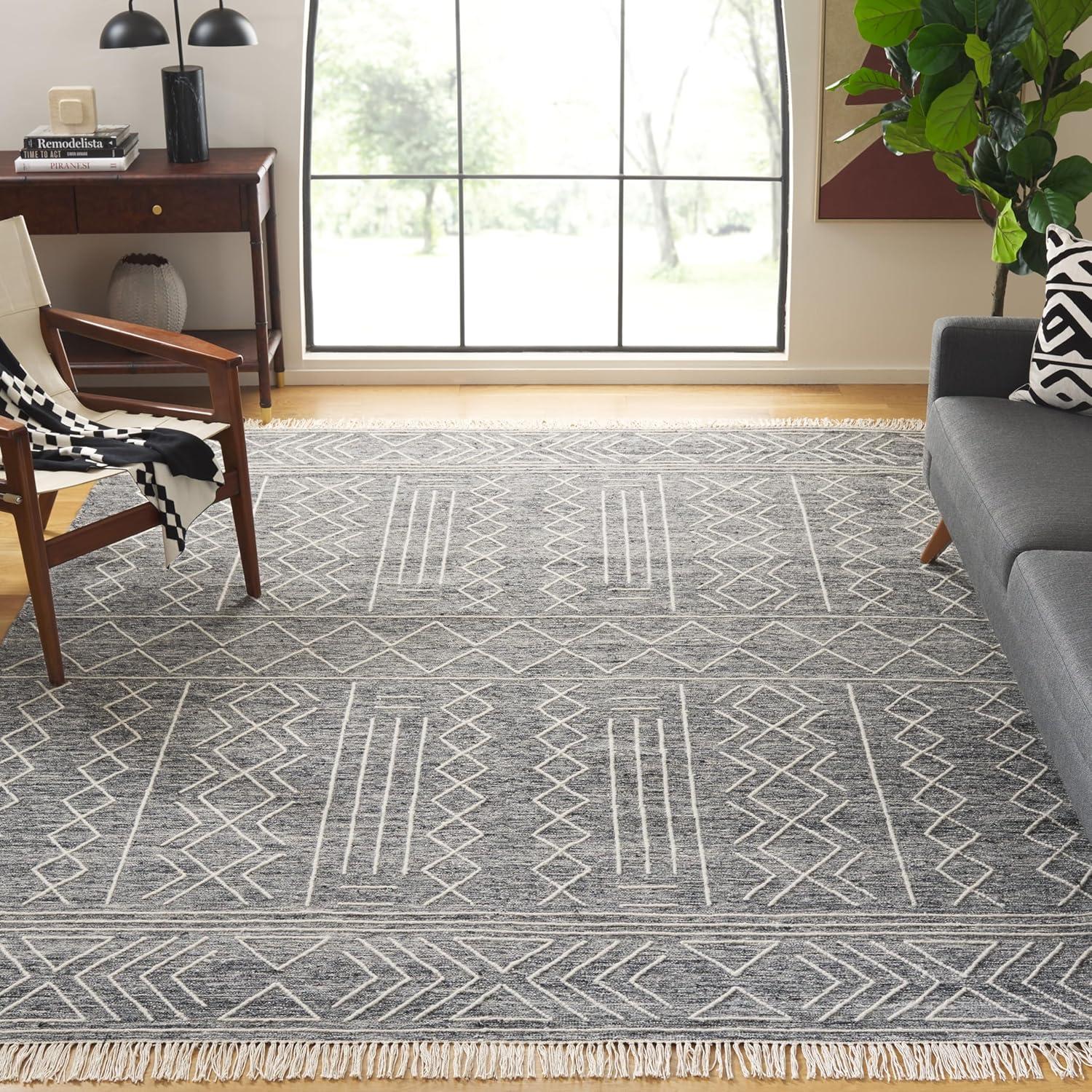 image:imageSAFAVIEH Kilim Collection Area Rug 5 x 8 Black amp Ivory Handmade Moroccan Fringe Wool Ideal for High Traffic Areas in Living Room Bedroom KLM521ABlackIvory