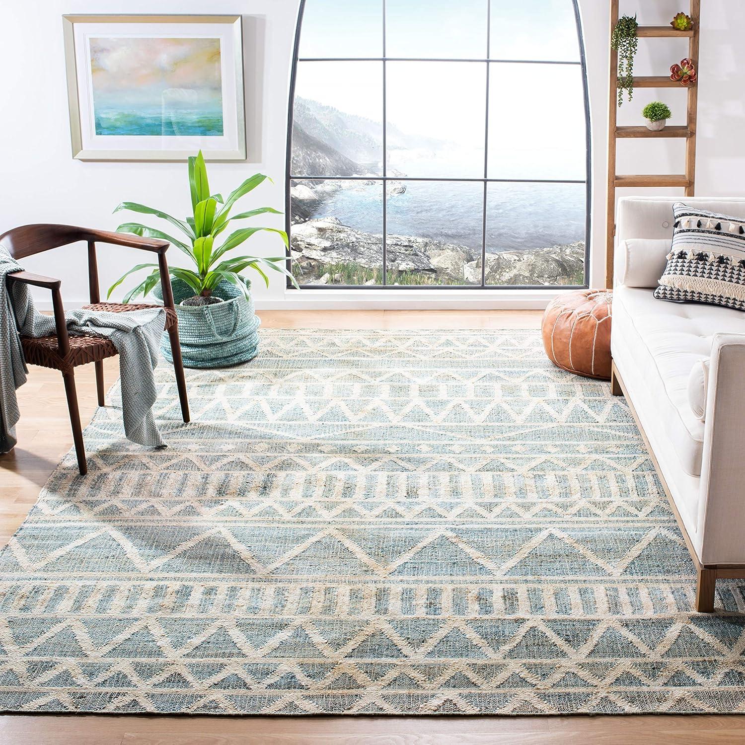 image:imageSAFAVIEH Kilim Collection Area Rug 5 x 8 Blue amp Beige Handmade Moroccan Boho Jute amp Cotton Ideal for High Traffic Areas in Living Room Bedroom KLM752HBlueBeige