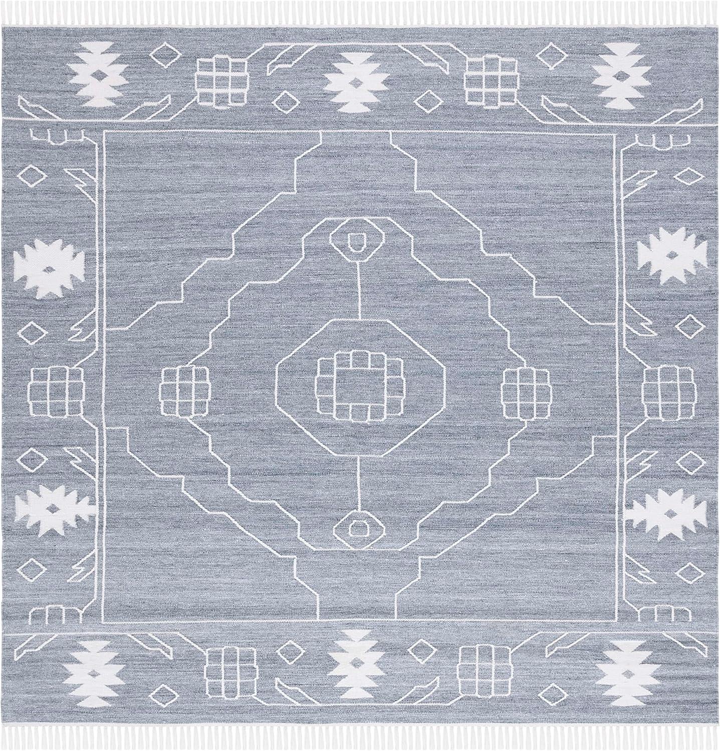 image:imageSAFAVIEH Kilim Collection Area Rug 6 x 9 Blue amp Ivory Flat Weave Rustic Boho Tribal Design NonShedding amp Easy Care Ideal for High Traffic Areas in Living Room Bedroom KLM763MDark GreyIvory