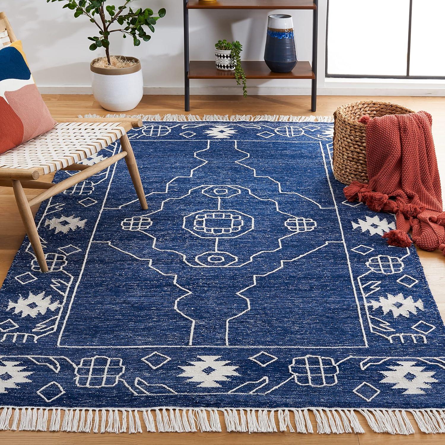 image:imageSAFAVIEH Kilim Collection Area Rug 6 x 9 Blue amp Ivory Flat Weave Rustic Boho Tribal Design NonShedding amp Easy Care Ideal for High Traffic Areas in Living Room Bedroom KLM763MNavyIvory