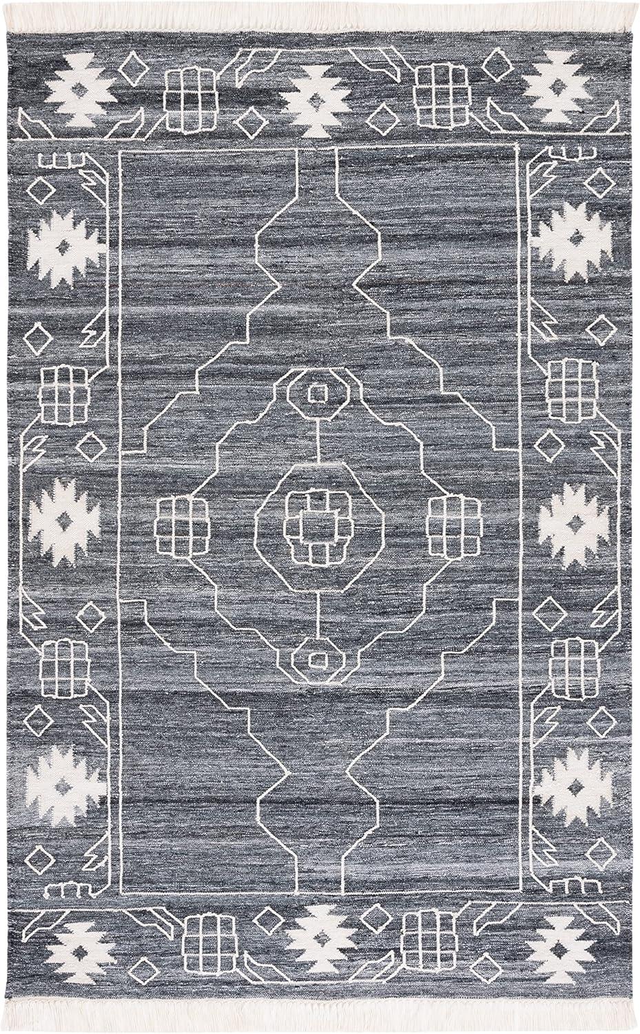 image:imageSAFAVIEH Kilim Collection Area Rug 6 x 9 Blue amp Ivory Flat Weave Rustic Boho Tribal Design NonShedding amp Easy Care Ideal for High Traffic Areas in Living Room Bedroom KLM763MBlackIvory