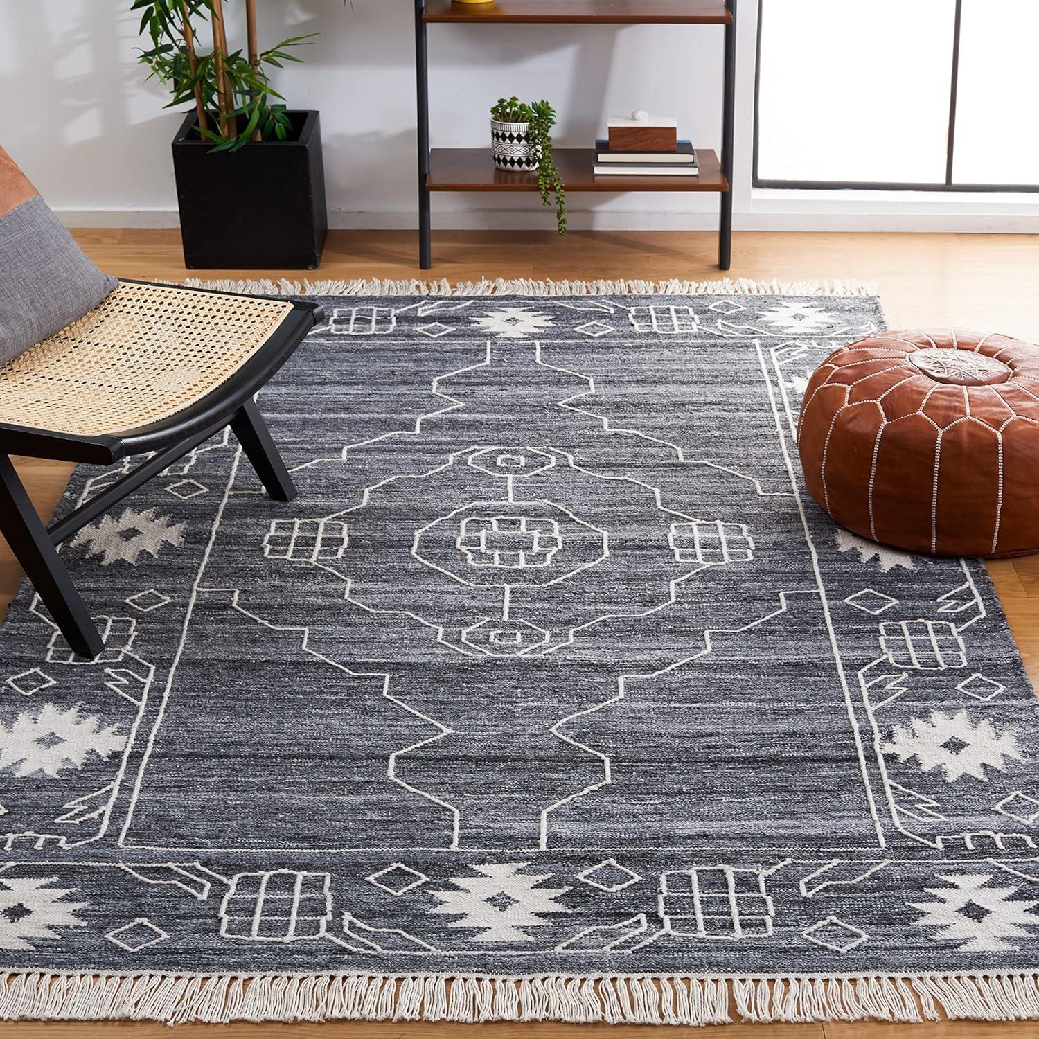 image:imageSAFAVIEH Kilim Collection Area Rug 6 x 9 Blue amp Ivory Flat Weave Rustic Boho Tribal Design NonShedding amp Easy Care Ideal for High Traffic Areas in Living Room Bedroom KLM763MBlackIvory