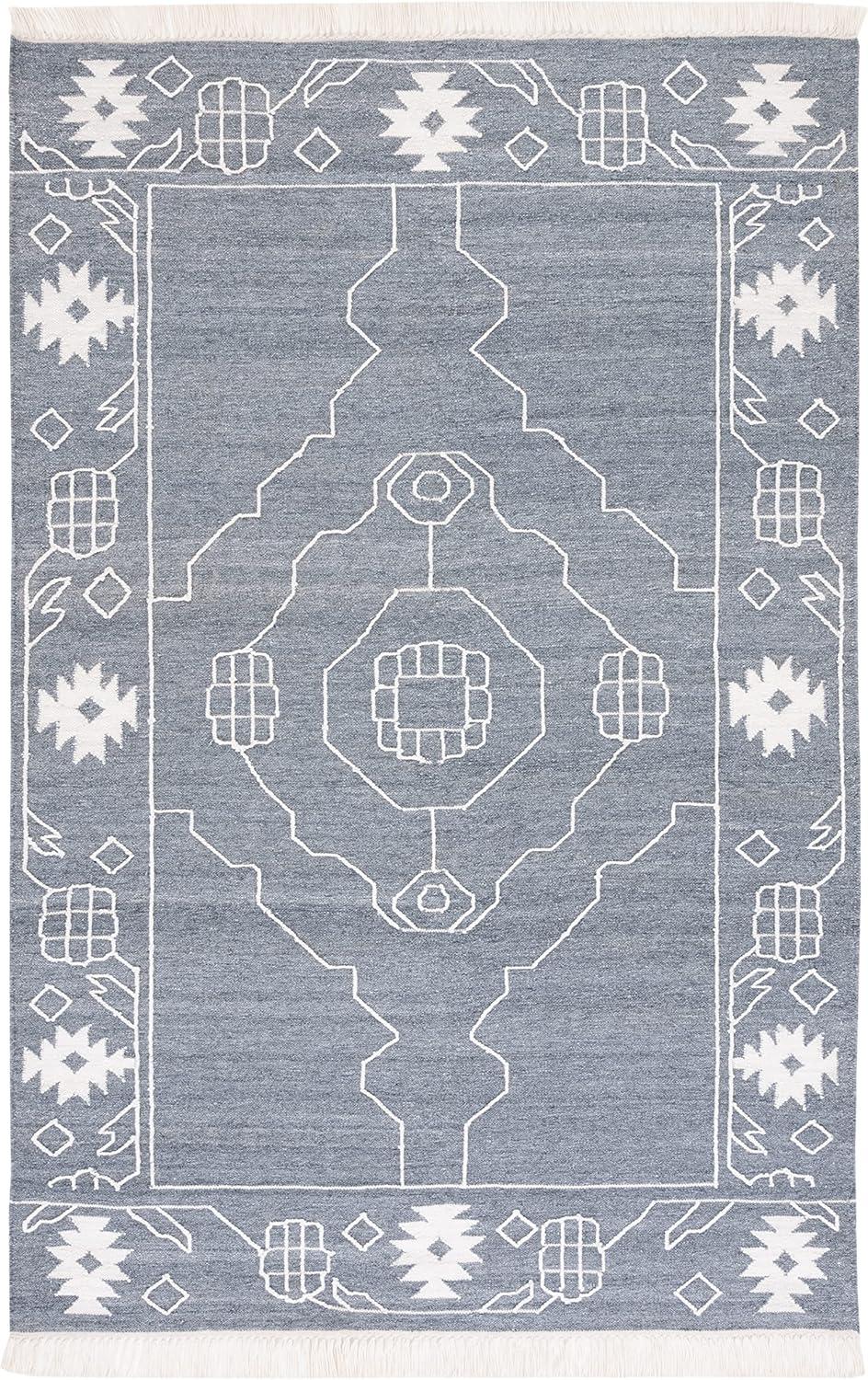 image:imageSAFAVIEH Kilim Collection Area Rug 6 x 9 Blue amp Ivory Flat Weave Rustic Boho Tribal Design NonShedding amp Easy Care Ideal for High Traffic Areas in Living Room Bedroom KLM763MDark GreyIvory