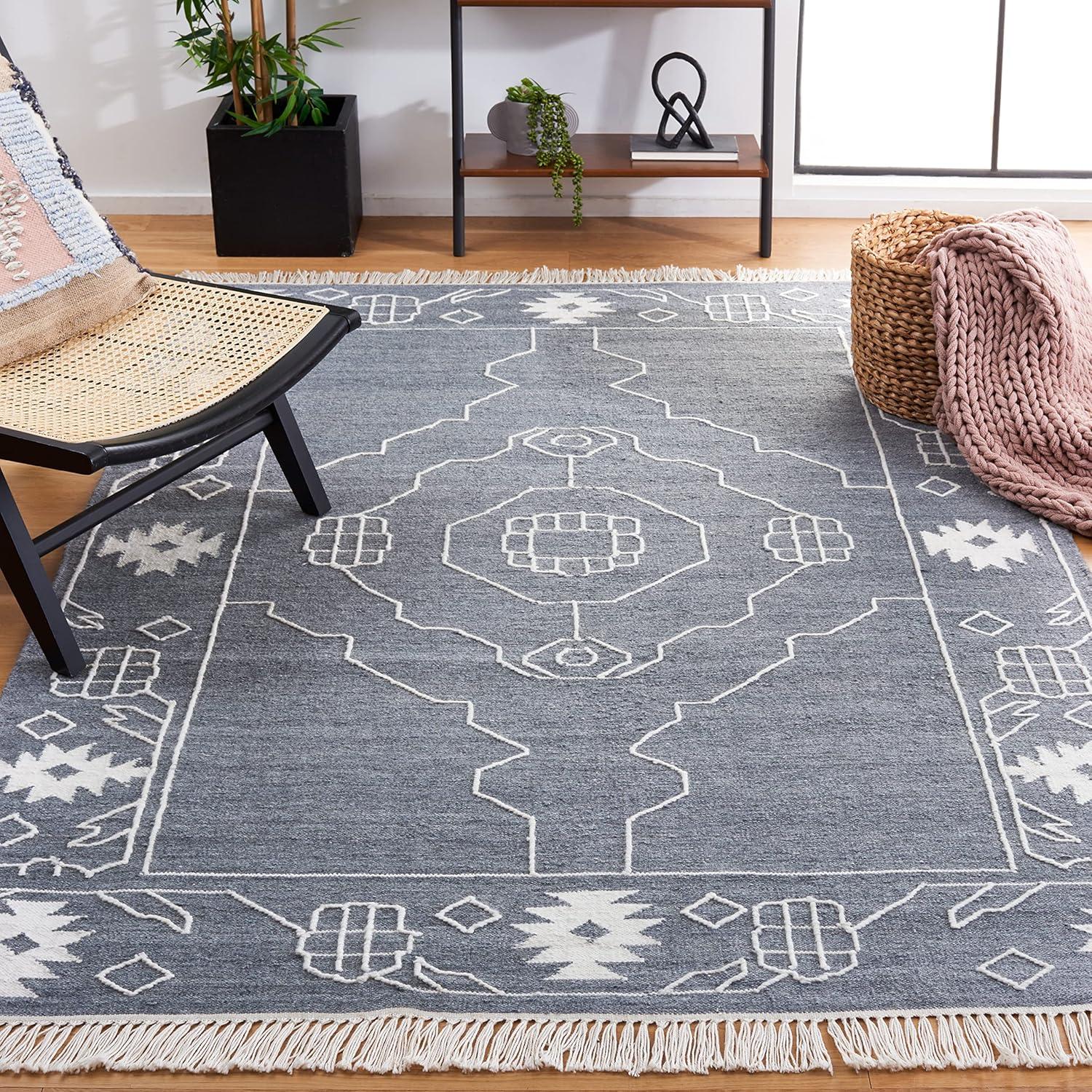image:imageSAFAVIEH Kilim Collection Area Rug 6 x 9 Blue amp Ivory Flat Weave Rustic Boho Tribal Design NonShedding amp Easy Care Ideal for High Traffic Areas in Living Room Bedroom KLM763MDark GreyIvory