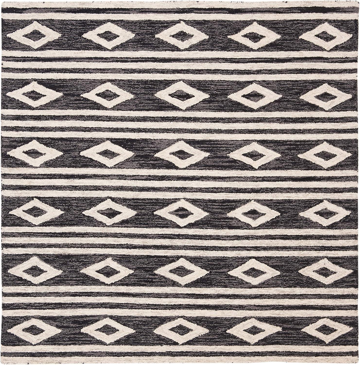 image:imageSAFAVIEH MicroLoop Collection Area Rug 5 Square Navy amp Ivory Handmade Moroccan Tribal Wool Ideal for High Traffic Areas in Living Room Bedroom MLP153NCharcoalIvory