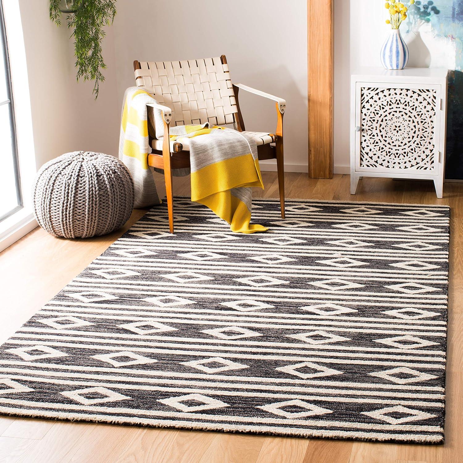 image:imageSAFAVIEH MicroLoop Collection Area Rug 5 Square Navy amp Ivory Handmade Moroccan Tribal Wool Ideal for High Traffic Areas in Living Room Bedroom MLP153NCharcoalIvory