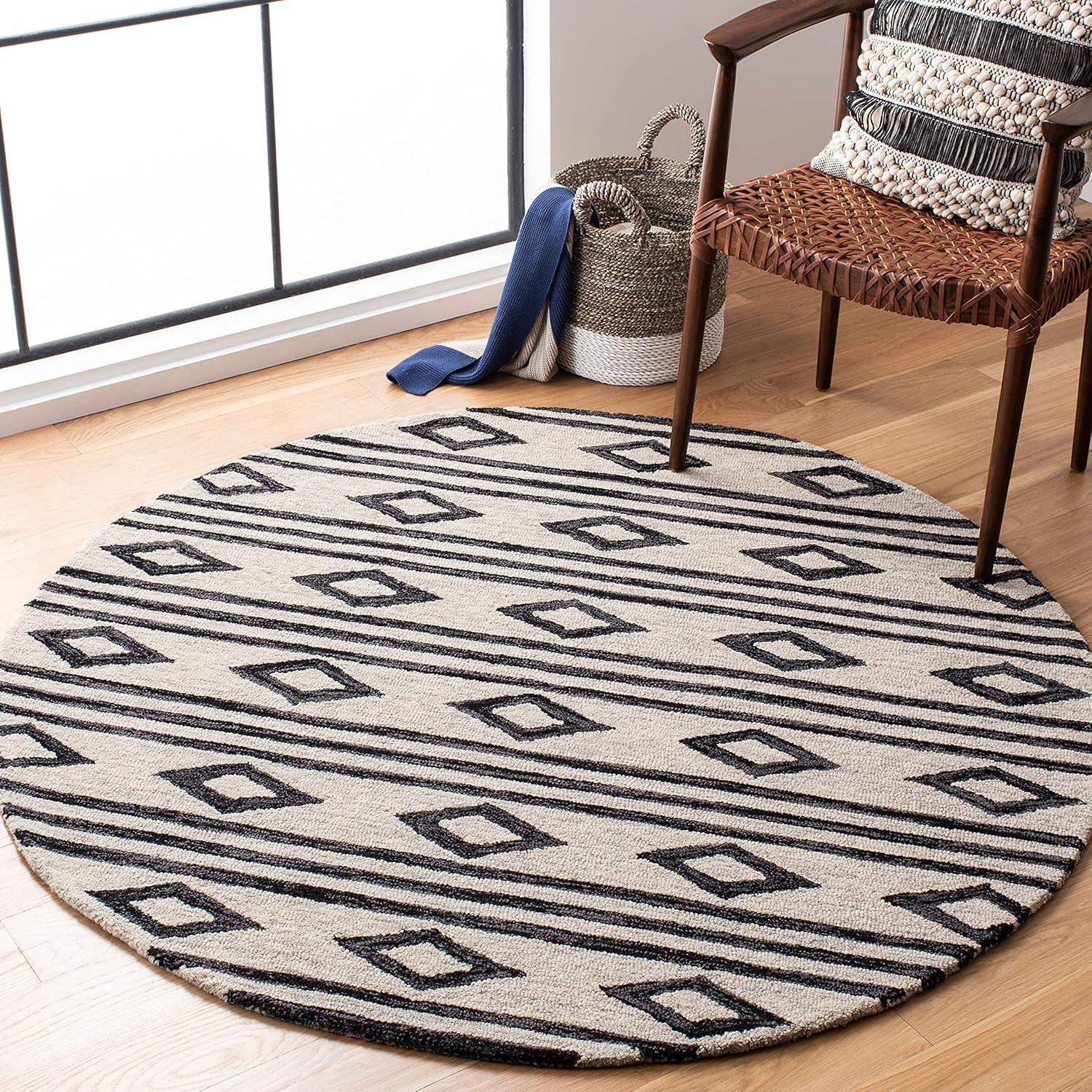 image:imageSAFAVIEH MicroLoop Collection Area Rug 5 Square Navy amp Ivory Handmade Moroccan Tribal Wool Ideal for High Traffic Areas in Living Room Bedroom MLP153NIvoryCharcoal
