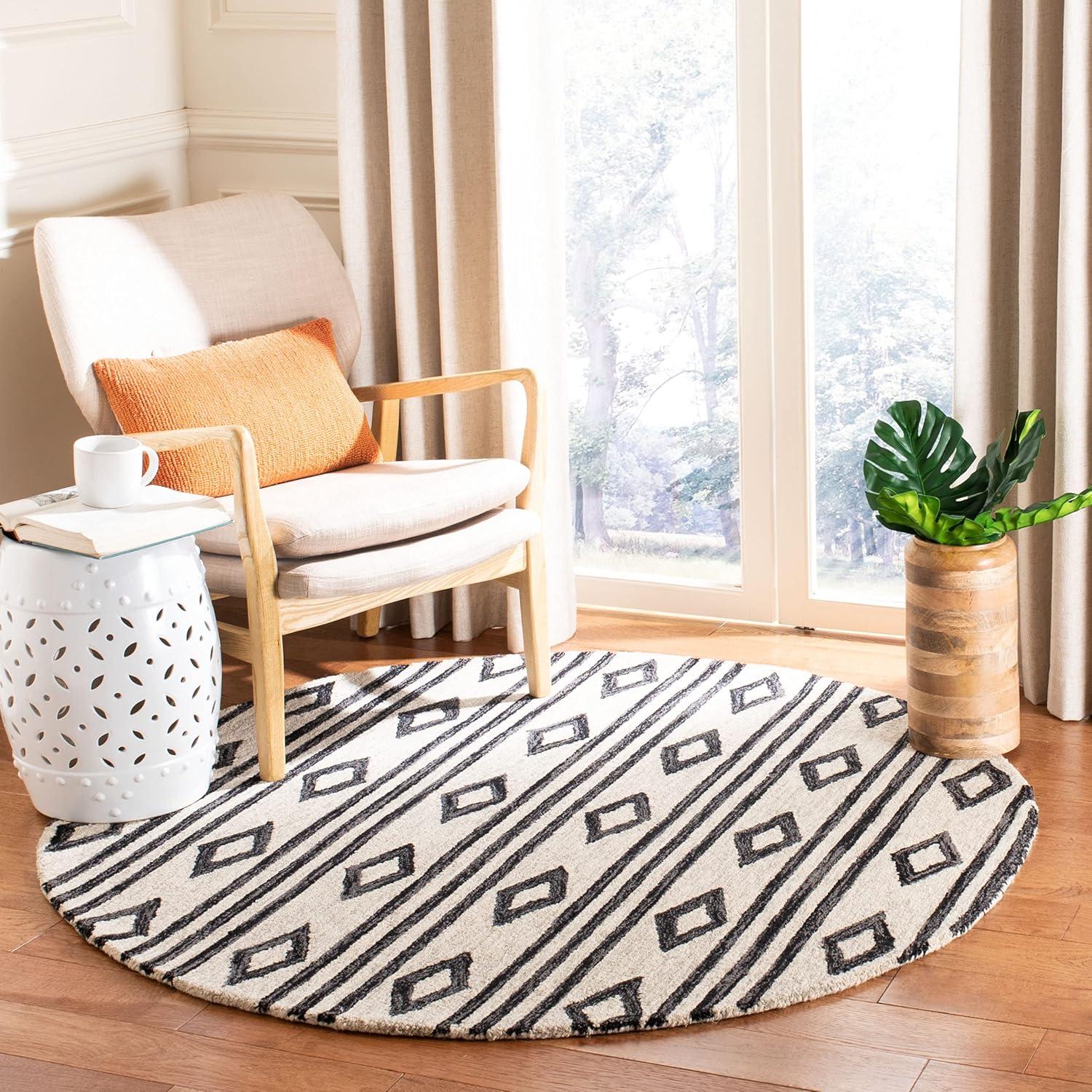 image:imageSAFAVIEH MicroLoop Collection Area Rug 5 Square Navy amp Ivory Handmade Moroccan Tribal Wool Ideal for High Traffic Areas in Living Room Bedroom MLP153NIvoryCharcoal