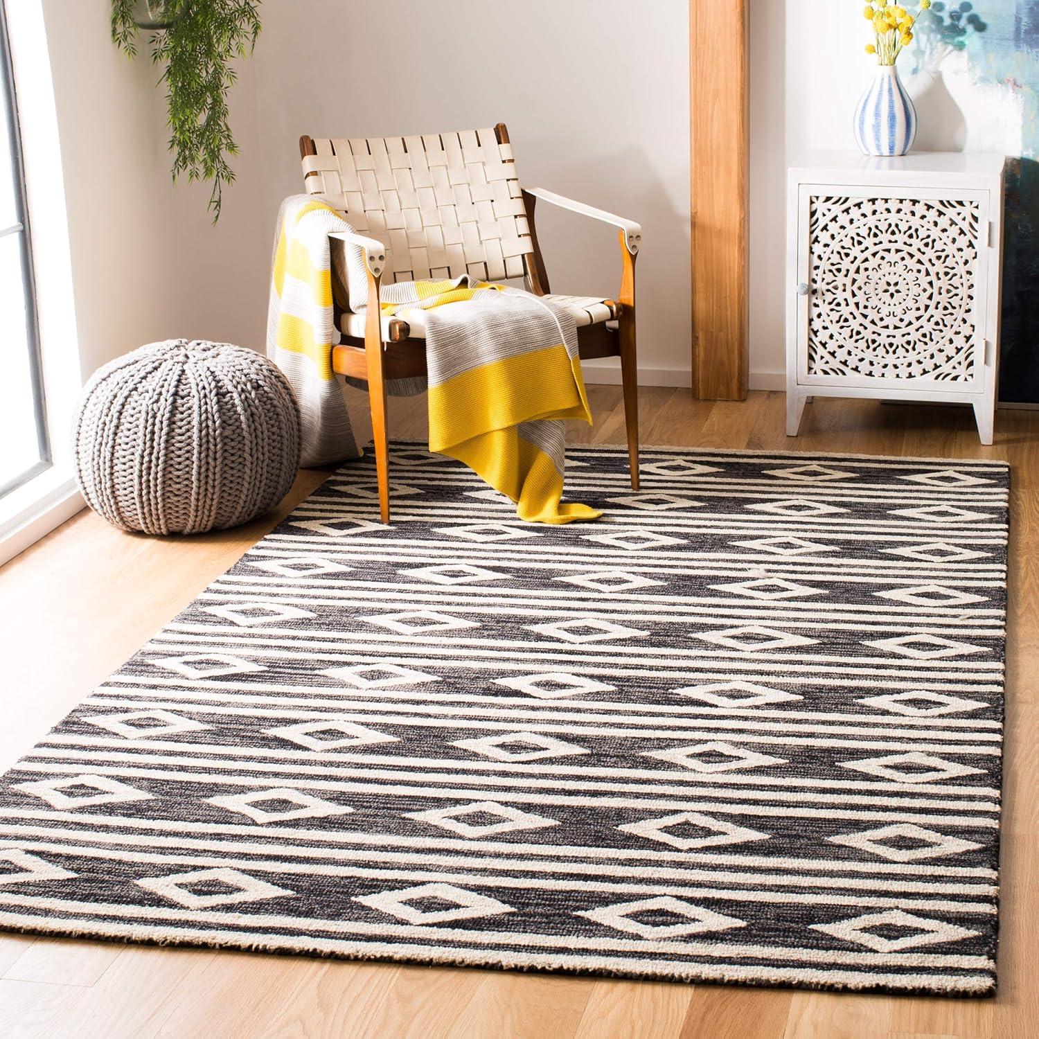 image:imageSAFAVIEH MicroLoop Collection Area Rug 5 Square Navy amp Ivory Handmade Moroccan Tribal Wool Ideal for High Traffic Areas in Living Room Bedroom MLP153NCharcoalIvory