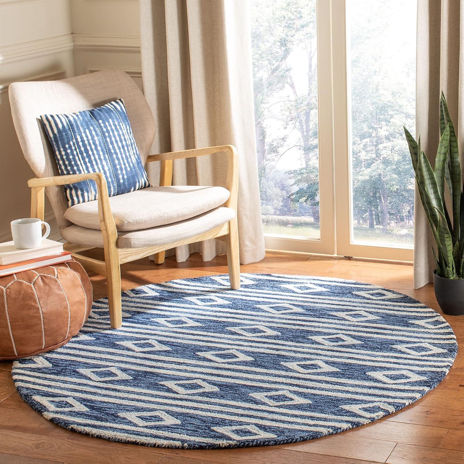 image:imageSAFAVIEH MicroLoop Collection Area Rug 5 Square Navy amp Ivory Handmade Moroccan Tribal Wool Ideal for High Traffic Areas in Living Room Bedroom MLP153NNavyIvory